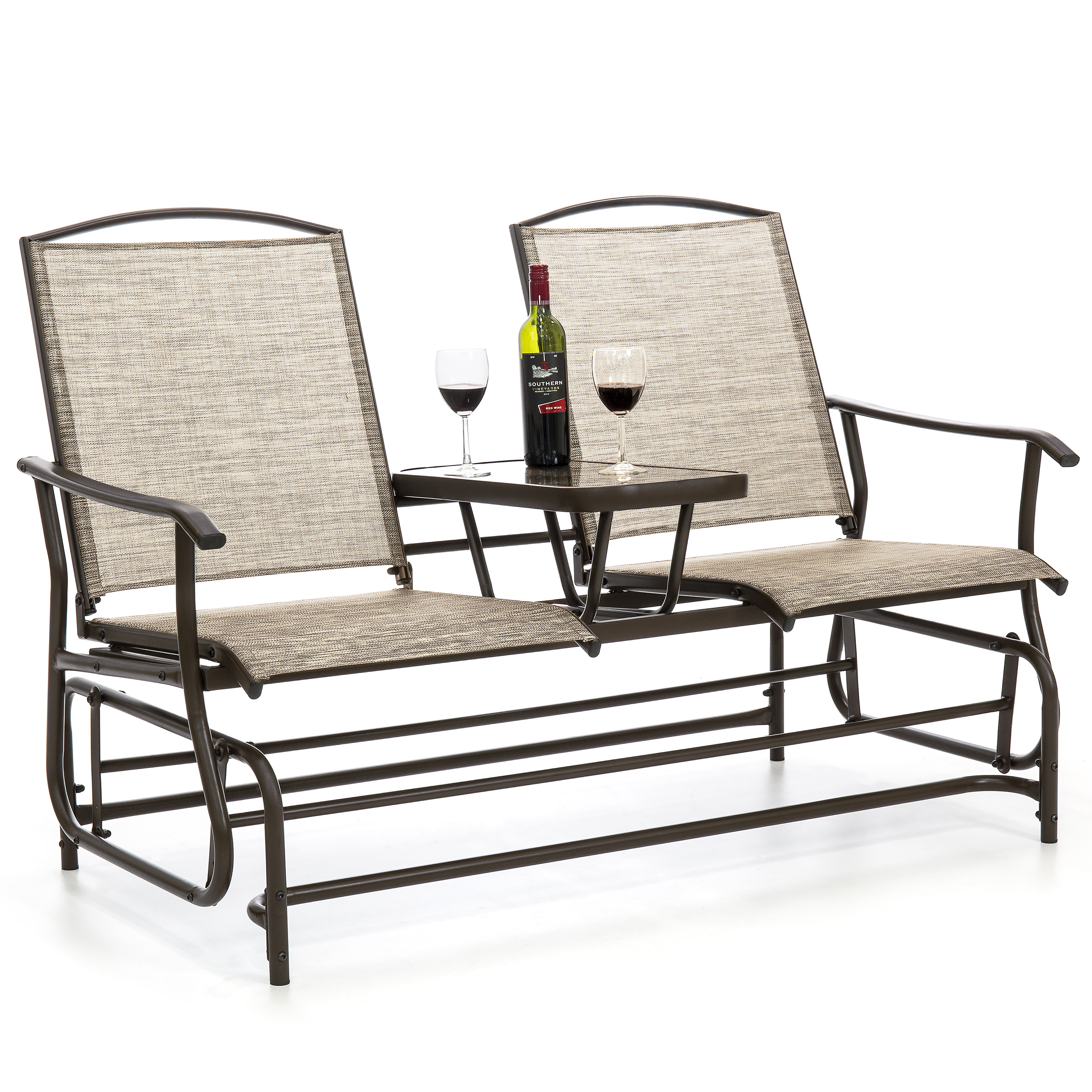 Best Choice Products 2-Person Outdoor Mesh Fabric Patio Double Glider w/ Tempered Glass Attached Table - Tan