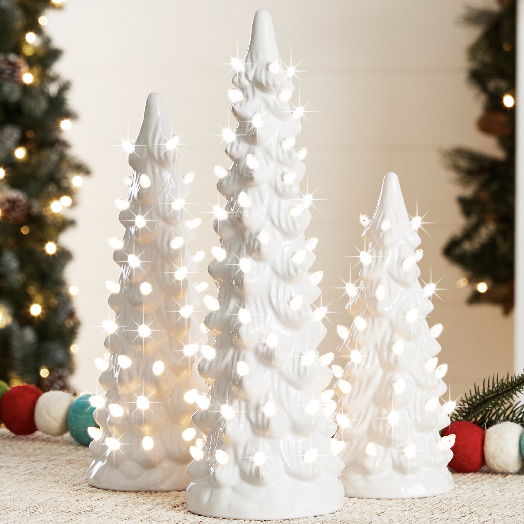 Set of 3 Pre-Lit Hand-Painted Ceramic Tabletop Christmas Trees w/ Warm White Lights - White - Best Choice Products Online