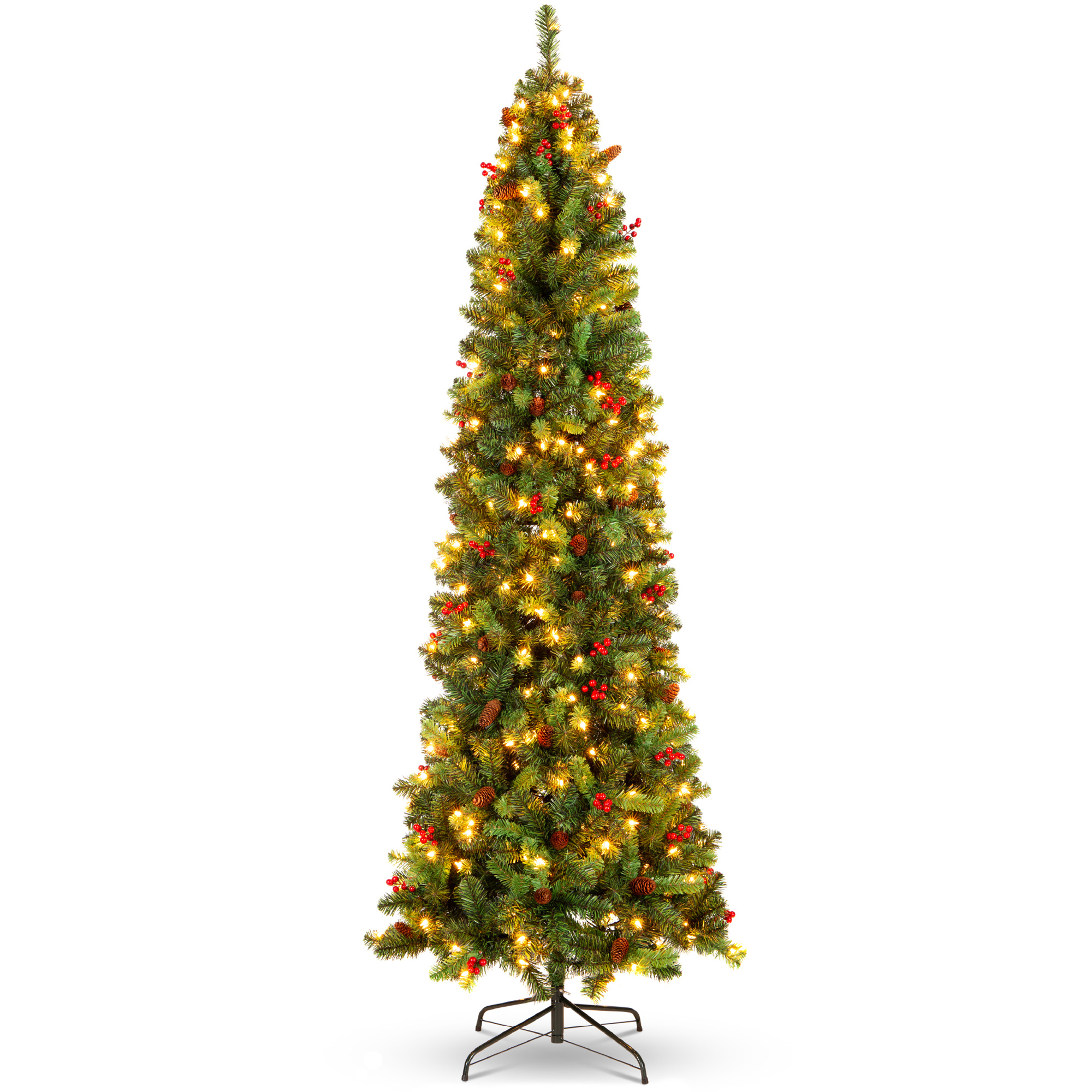 Pencil Trees 12ft - Pre-Lit Spruce Pencil Christmas Tree w/ Berries, Pine Cones, 1,818 Tips, 700 Lights, Base
