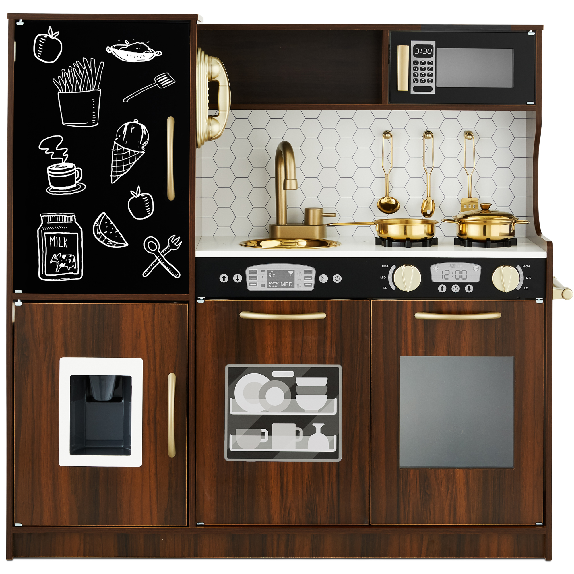 Pretend Play Kitchen Wooden Toy Set for Kids w/ Telephone, Utensils, Oven, Microwave - Espresso - Best Choice Products Online