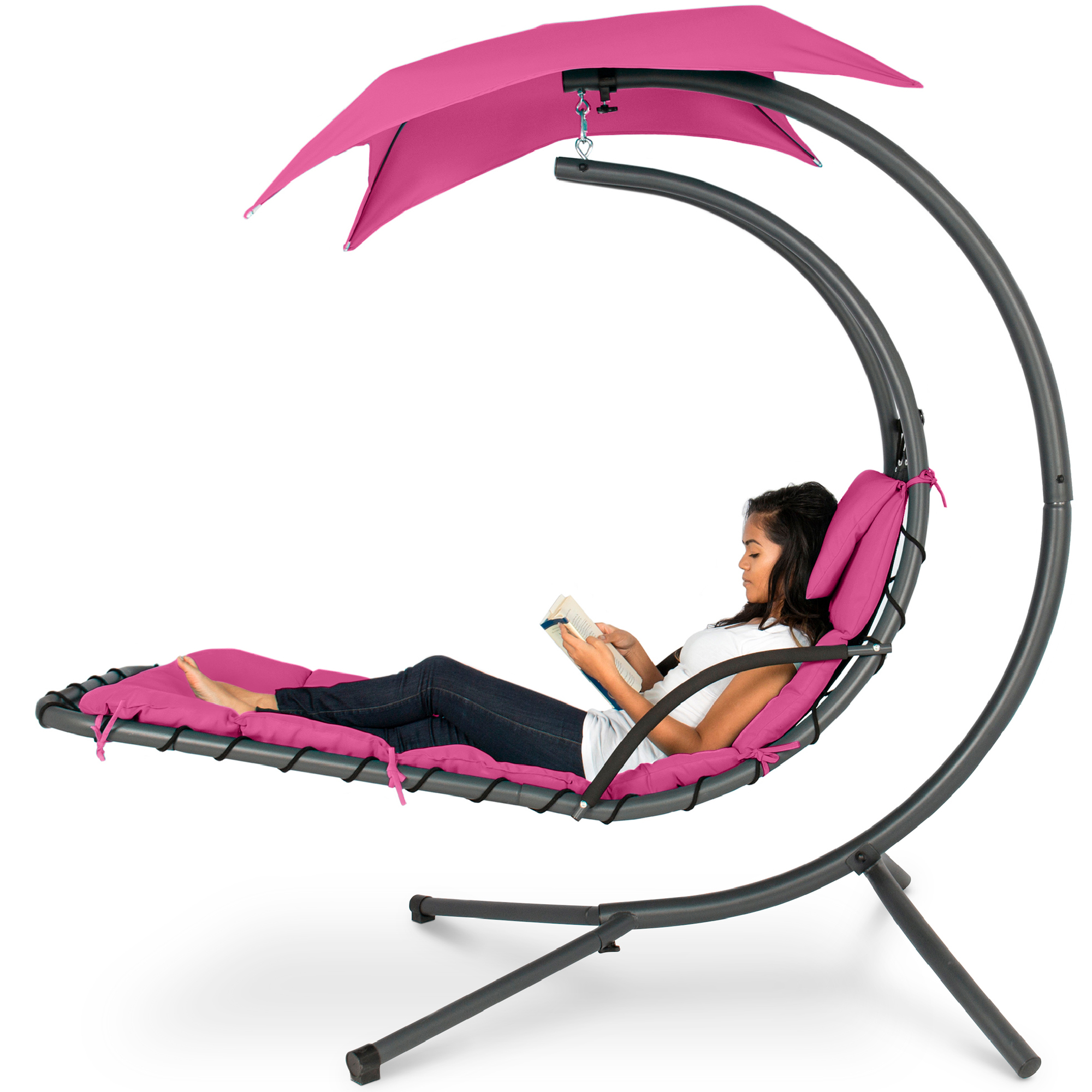 Hanging Curved Chaise Lounge Chair Swing For Backyard, Patio w/ Pillow, Canopy, Stand - Pink - Best Choice Products Online