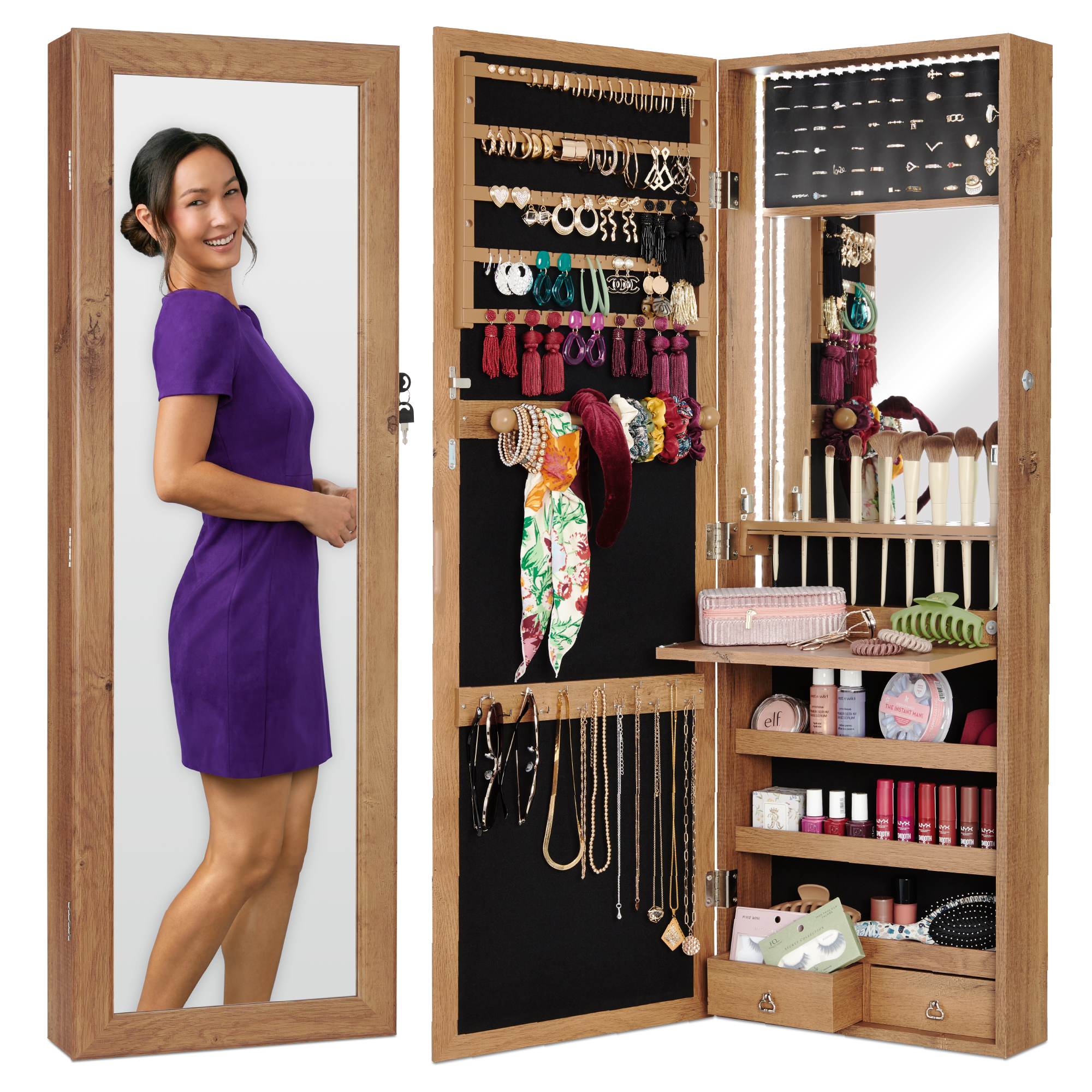 Wall & Door Mount Hanging Mirror Jewelry Armoire Cabinet w/ LED Lights, Cosmetics Tray, Lock - Rustic Brown - Best Choice Products Online