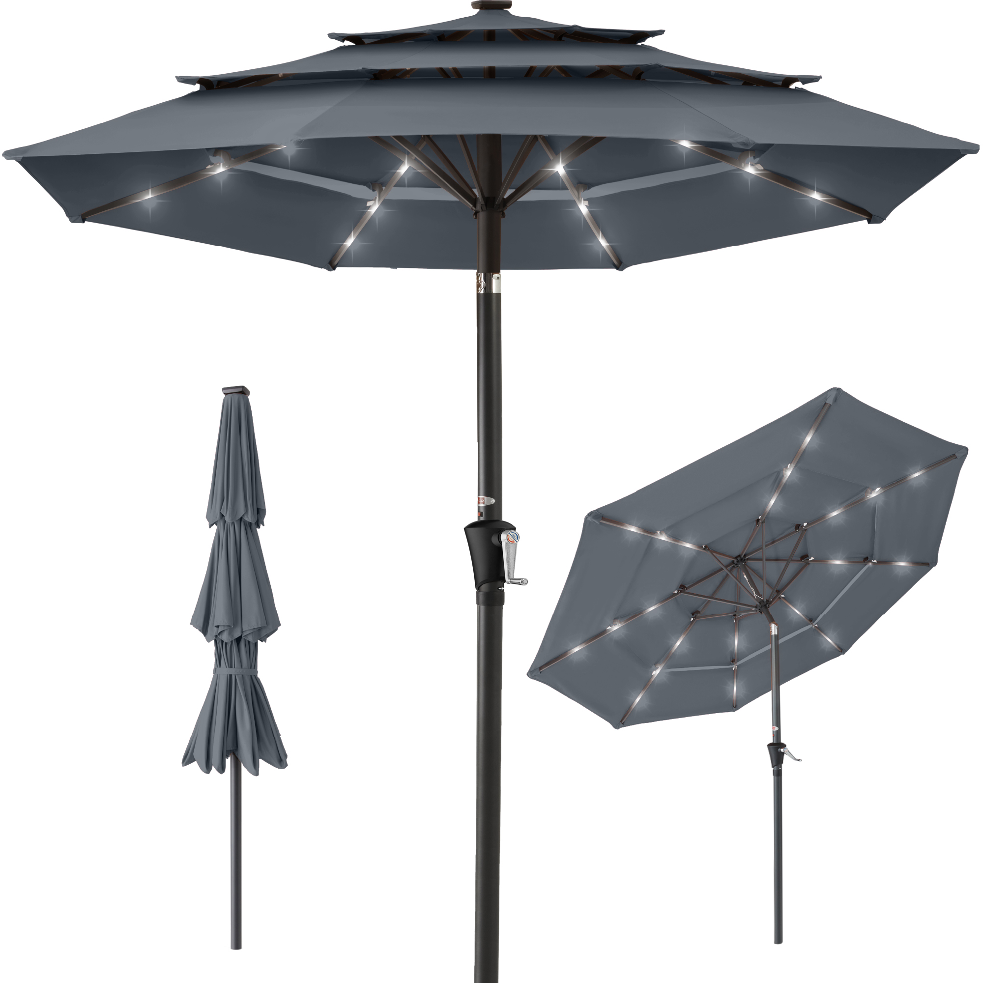 10ft 3-Tier Solar Patio Umbrella w/ 24 LED Lights, Tilt Adjustment, Easy Crank - Slate Olive - Best Choice Products Online