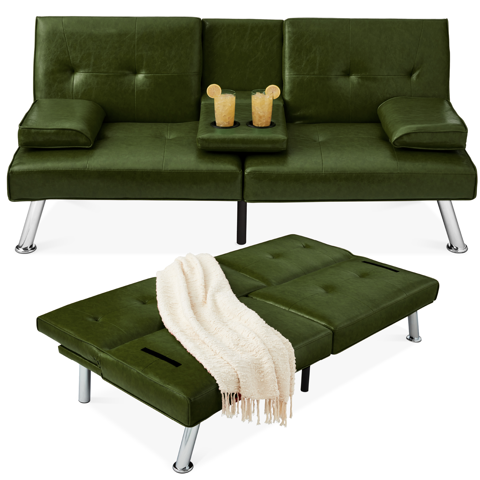 Modern Faux Leather Convertible Futon Sofa w/ Removable Armrests, 2 Cupholders - Dark Green - Best Choice Products Online