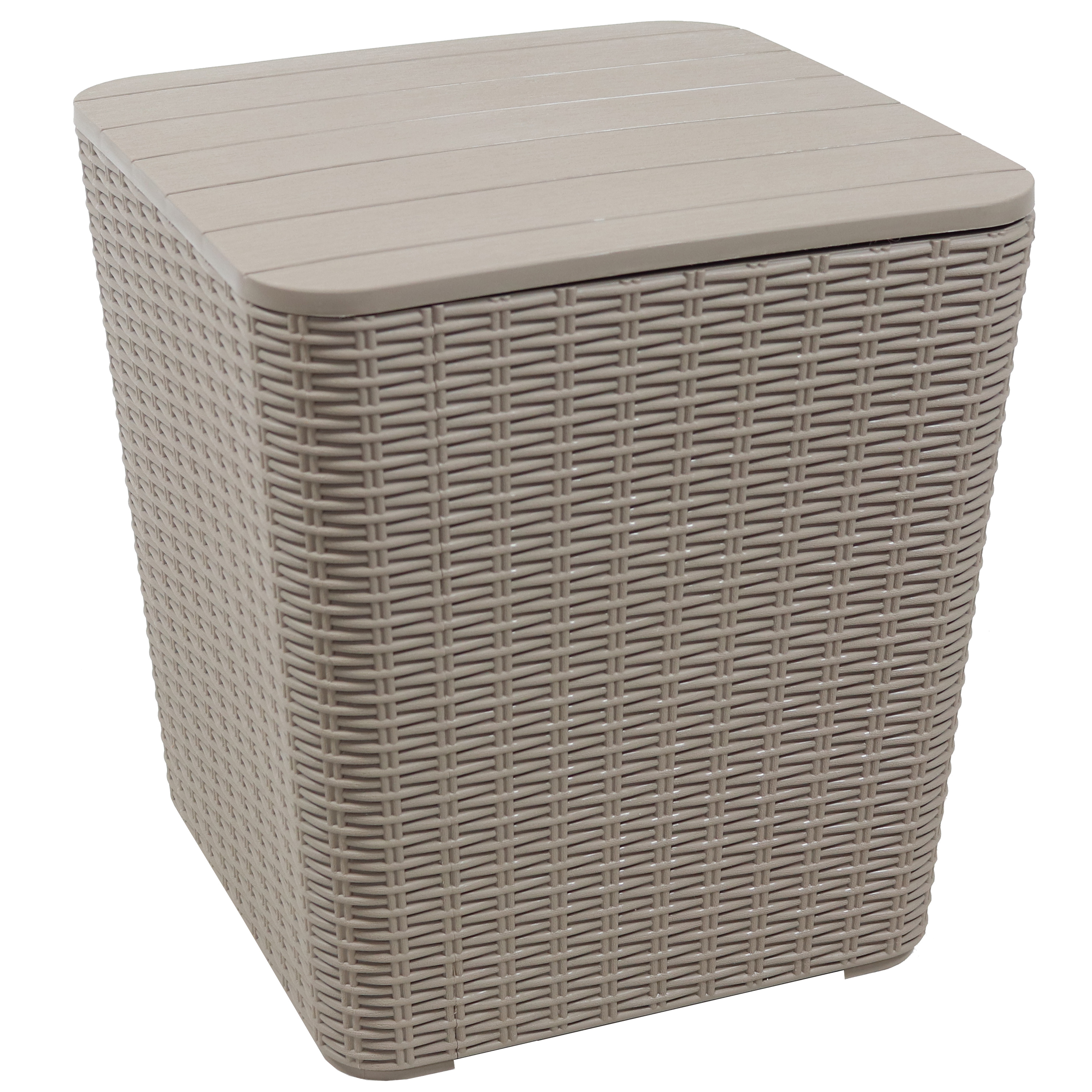Rattan Design Outdoor Storage Box with Faux Wood Tabletop - Driftwood