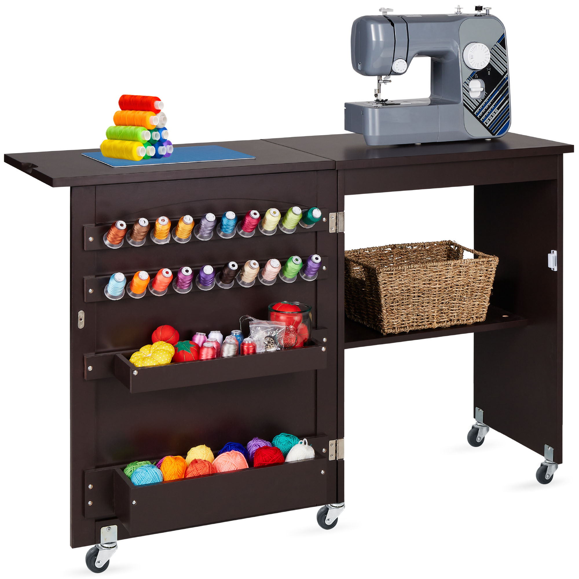 Folding Sewing Craft Table, Multipurpose Station & Side Desk w/ Wheels, Shelves, Bins, Pegs - Espresso - Best Choice Products Online