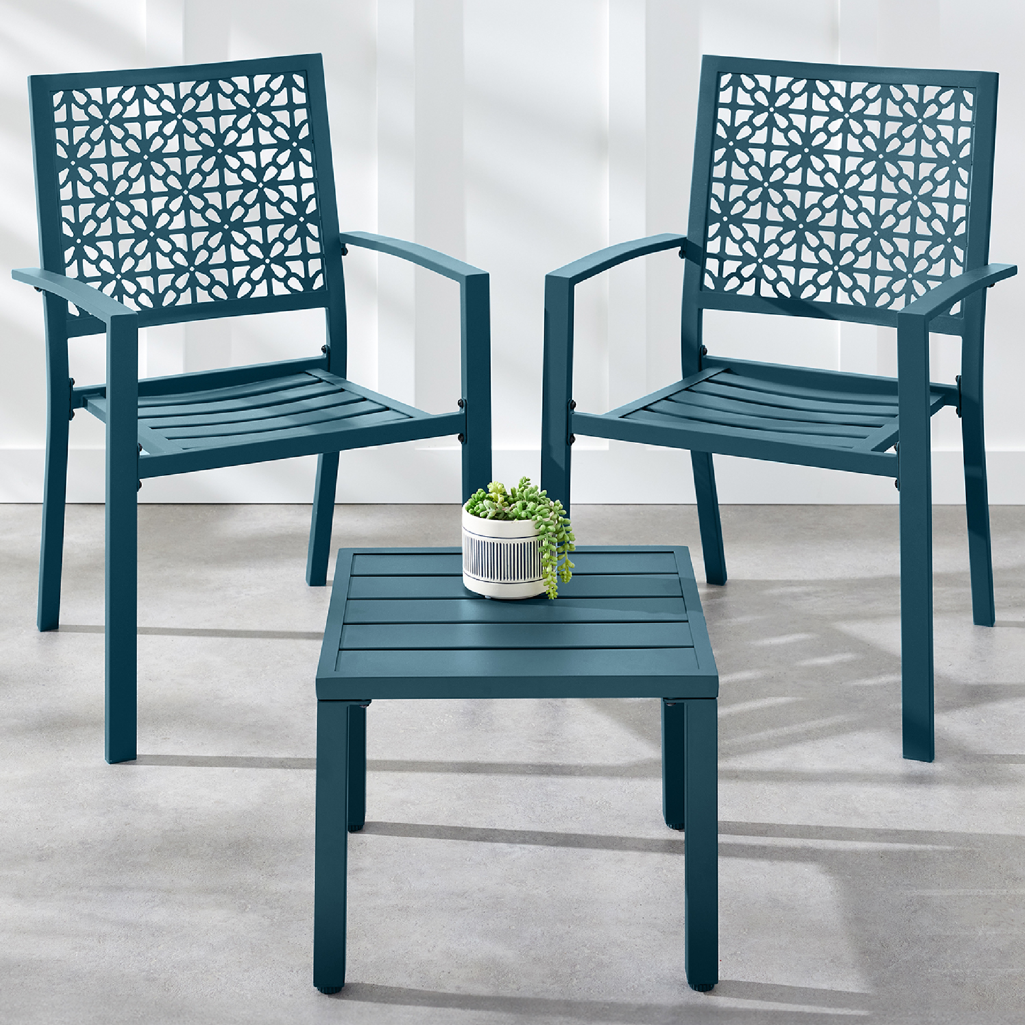 3-Piece Stackable Steel Outdoor Conversation Bistro Set, Patio Chat Furniture w/ 2 Chairs, Table - Peacock Blue - Best Choice Products Online