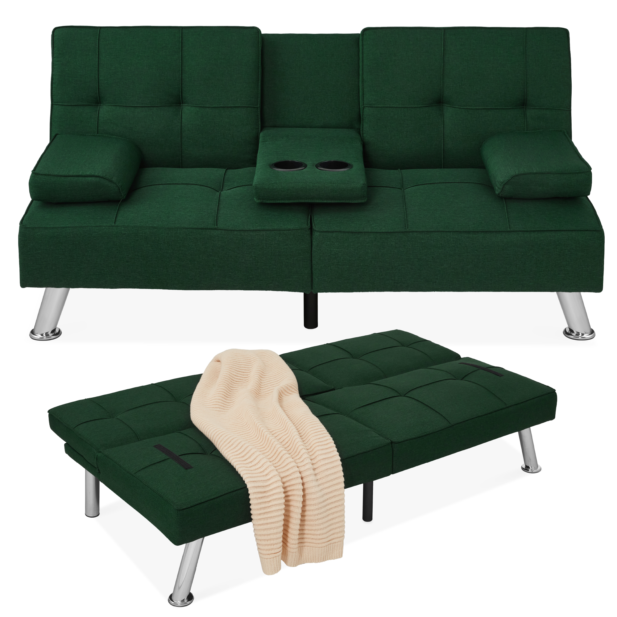 Linen Upholstered Convertible Sofa Bed Futon, Modern Design w/ Removable Armrests, Metal Legs, 2 Cupholders - Dark Green - Best Choice Products Online
