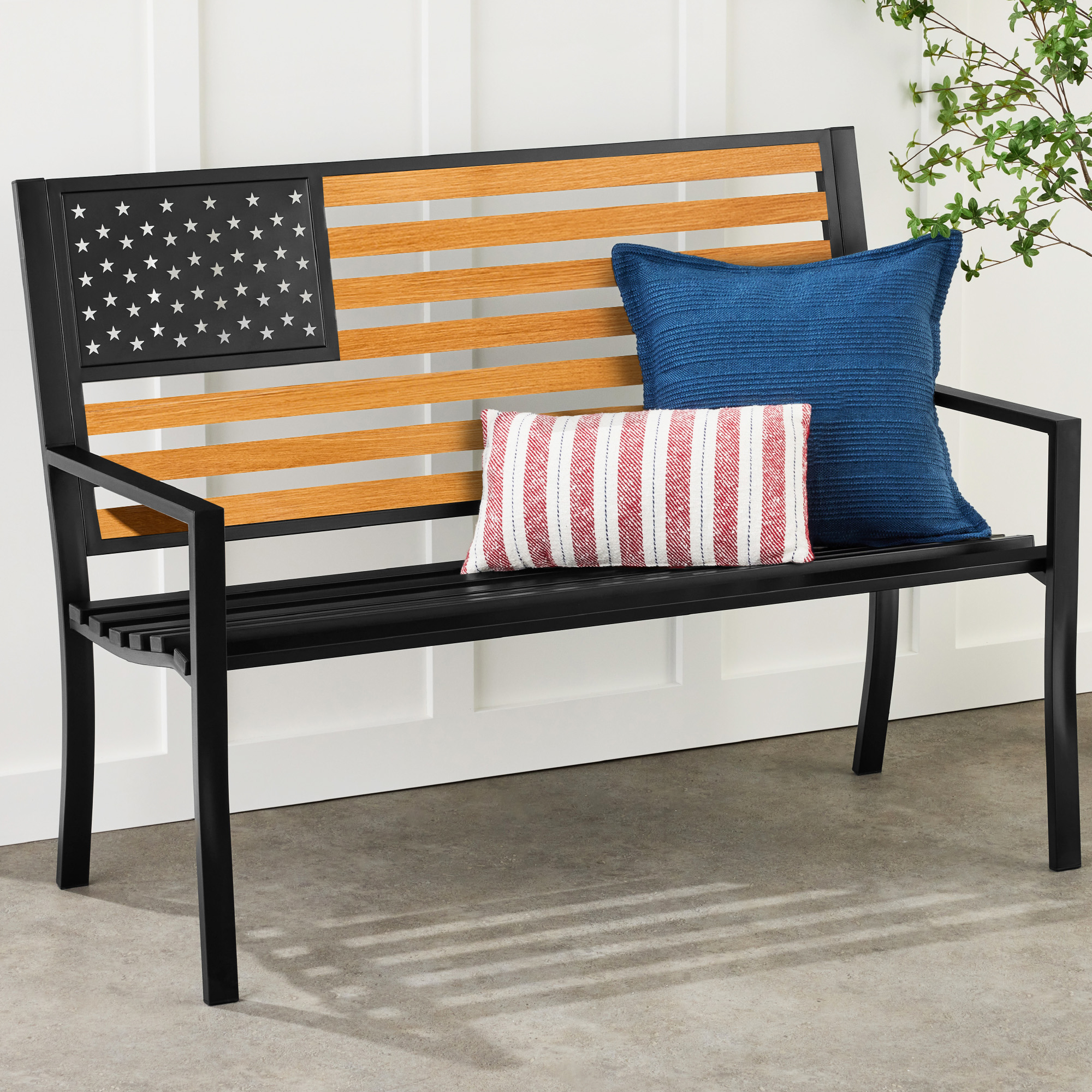 Indoor Outdoor Steel Garden Bench w/ American Flag Backrest, 790lb Capacity - Black/Wood - Best Choice Products Online