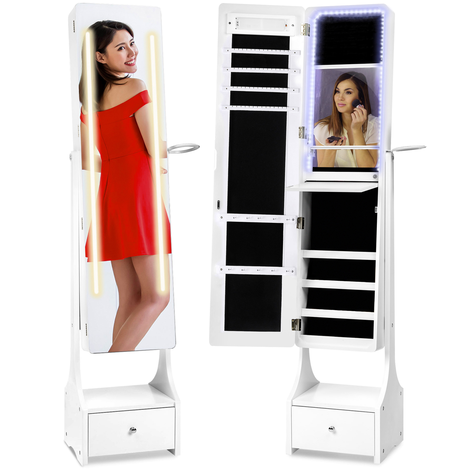 Standing LED Mirrored Jewelry Armoire Organizer, Lockable Full Length Storage Cabinet w/ Interior & Exterior Lights, Touchscreen - White