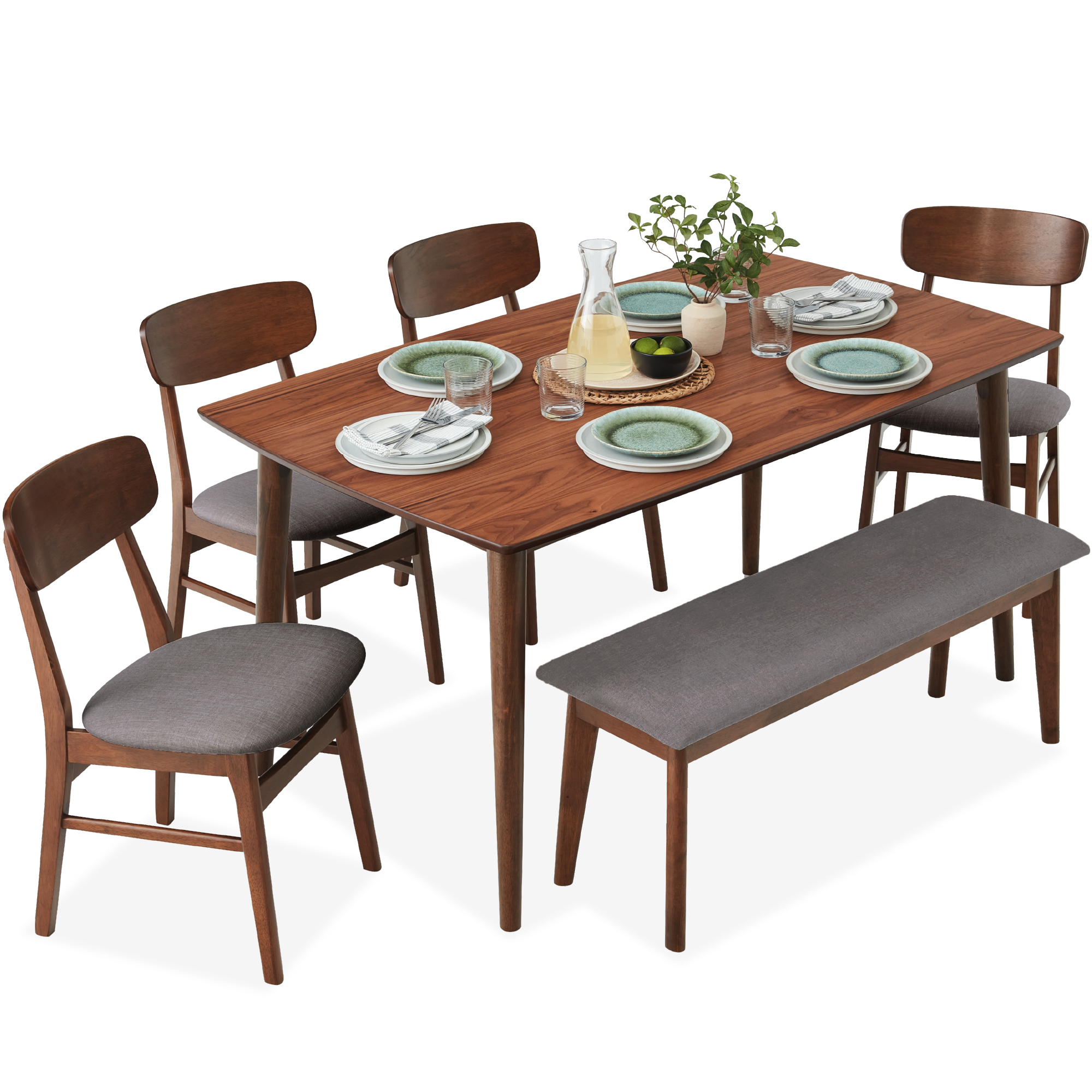 6-Piece Mid-Century Modern Dining Set, Wooden Table & Upholstered Chair & Bench Set - Walnut/Gray - Best Choice Products Online