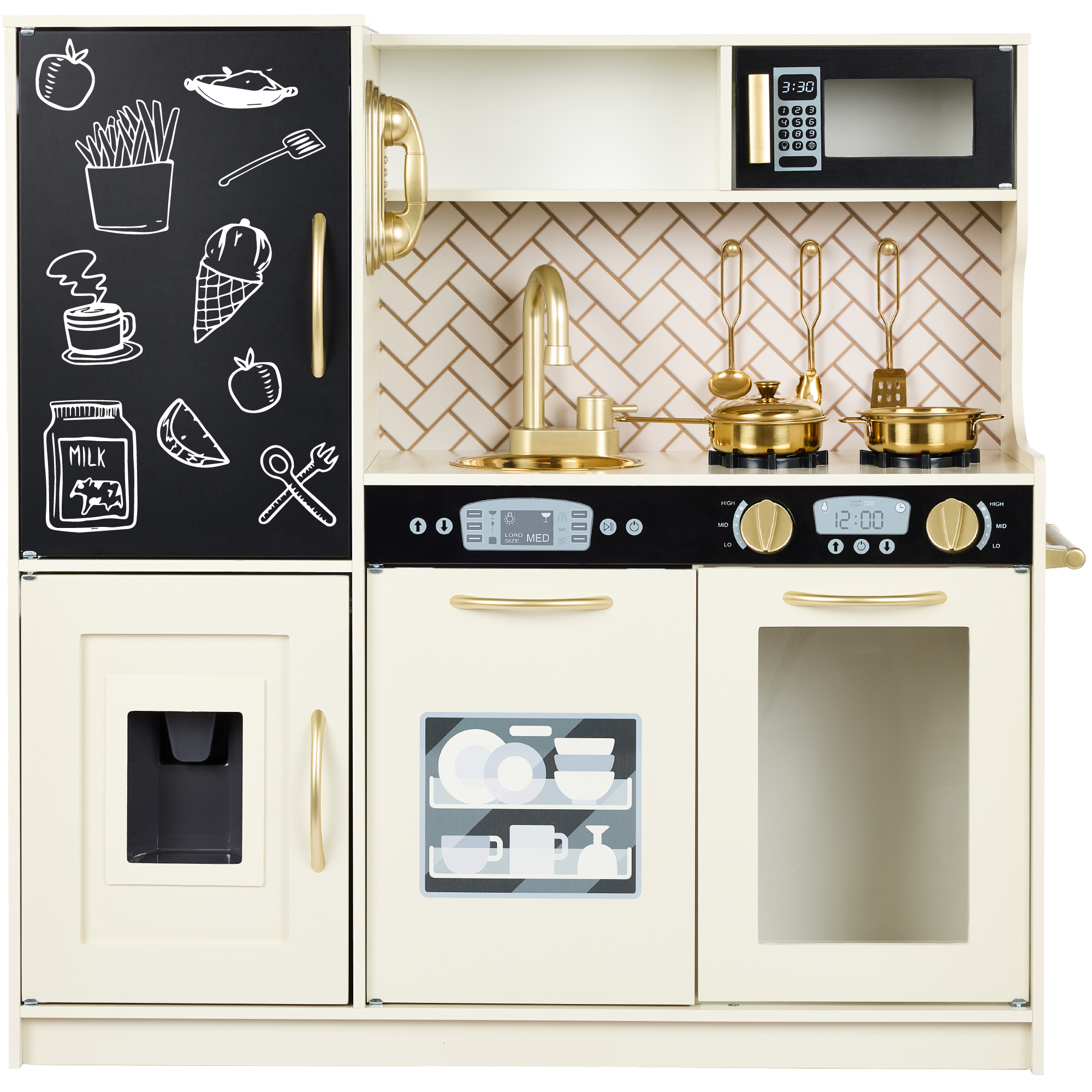 Pretend Play Kitchen Wooden Toy Set for Kids w/ Telephone, Utensils, Oven, Microwave - Cream - Best Choice Products Online