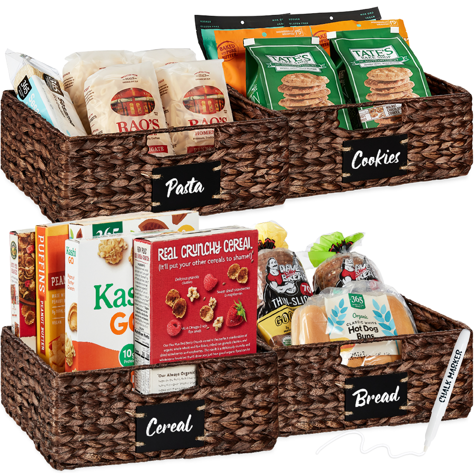 4-Pack 13in Woven Water Hyacinth Pantry Baskets w/ Chalkboard Label, Chalk Marker - Brown - Best Choice Products Online