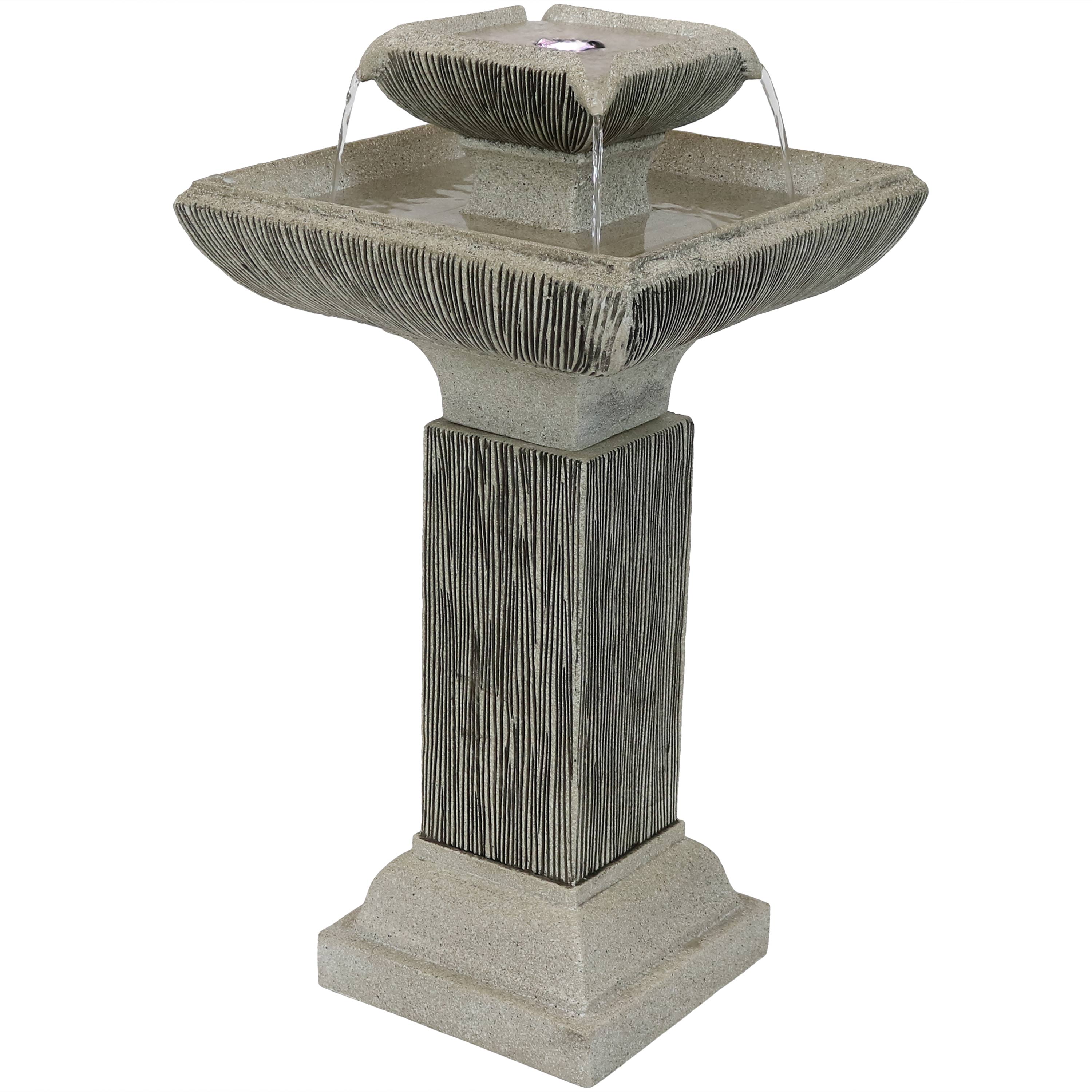 Sunnydaze 2-Tier Square Outdoor Bird Bath Water Fountain - LED Lights - 25-Inch