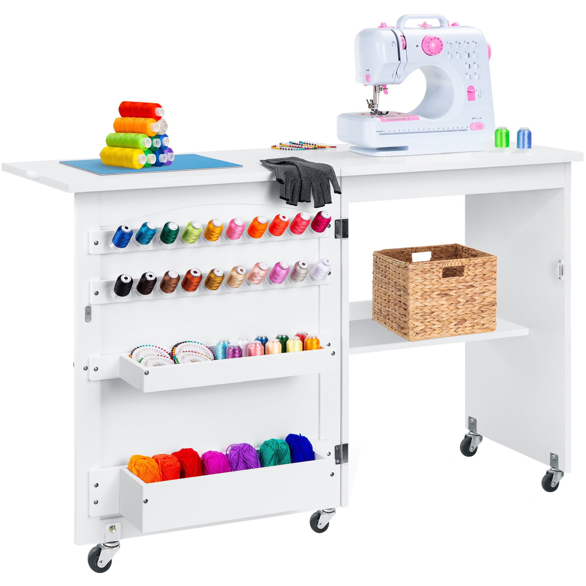 Folding Sewing Craft Table, Multipurpose Station & Side Desk w/ Wheels, Shelves, Bins, Pegs - White - Best Choice Products Online