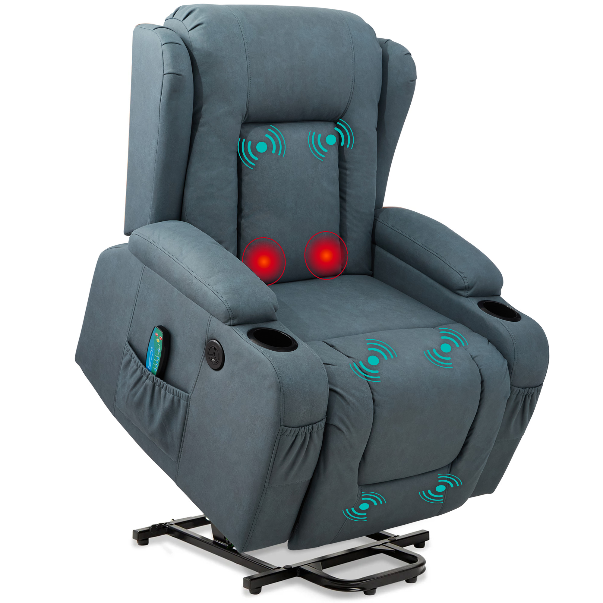 Power Lift Recliner Massage Chair Furniture w/ USB Port, Heat, Cupholders - Blue - Best Choice Products Online