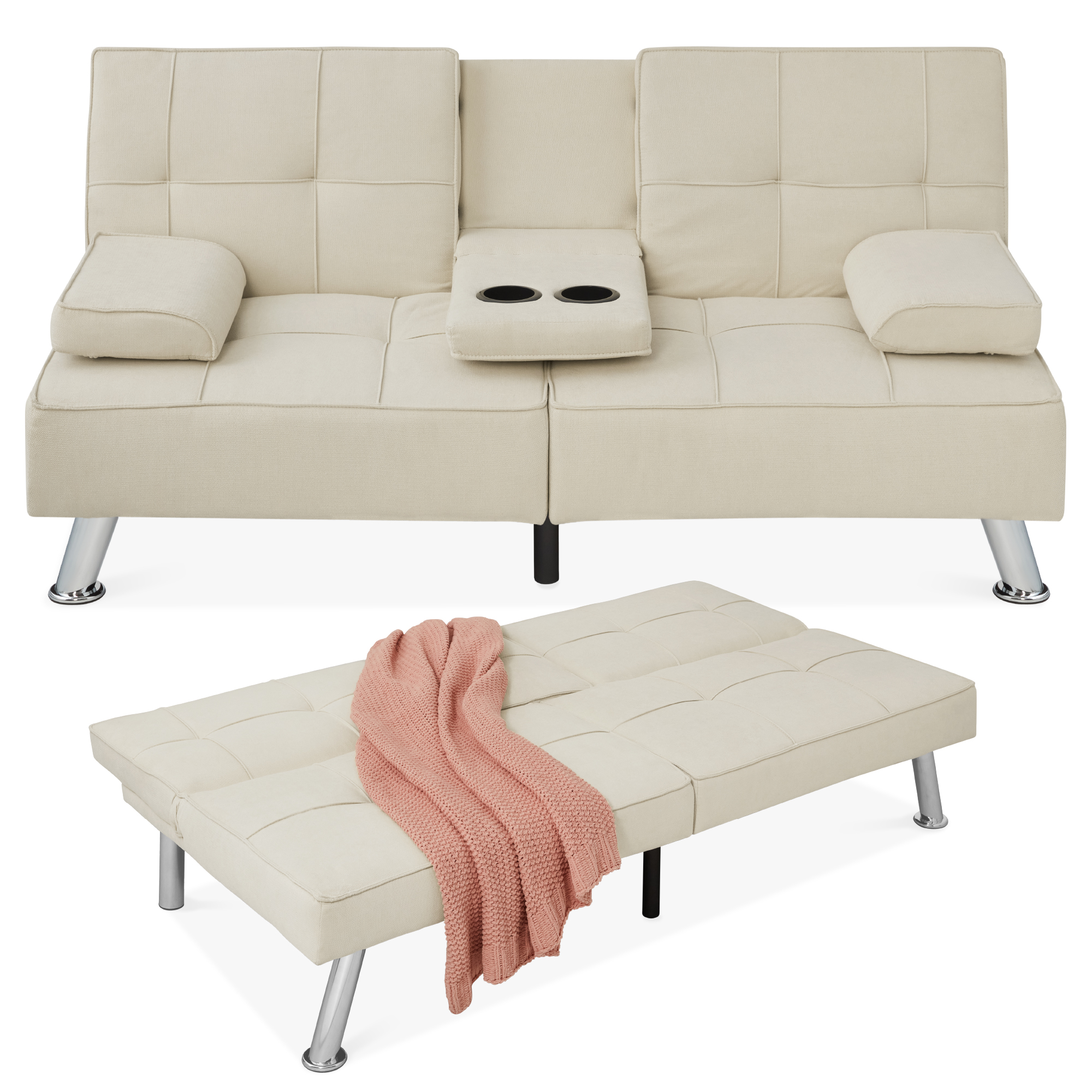 Linen Upholstered Convertible Sofa Bed Futon, Modern Design w/ Removable Armrests, Metal Legs, 2 Cupholders - Ivory - Best Choice Products Online