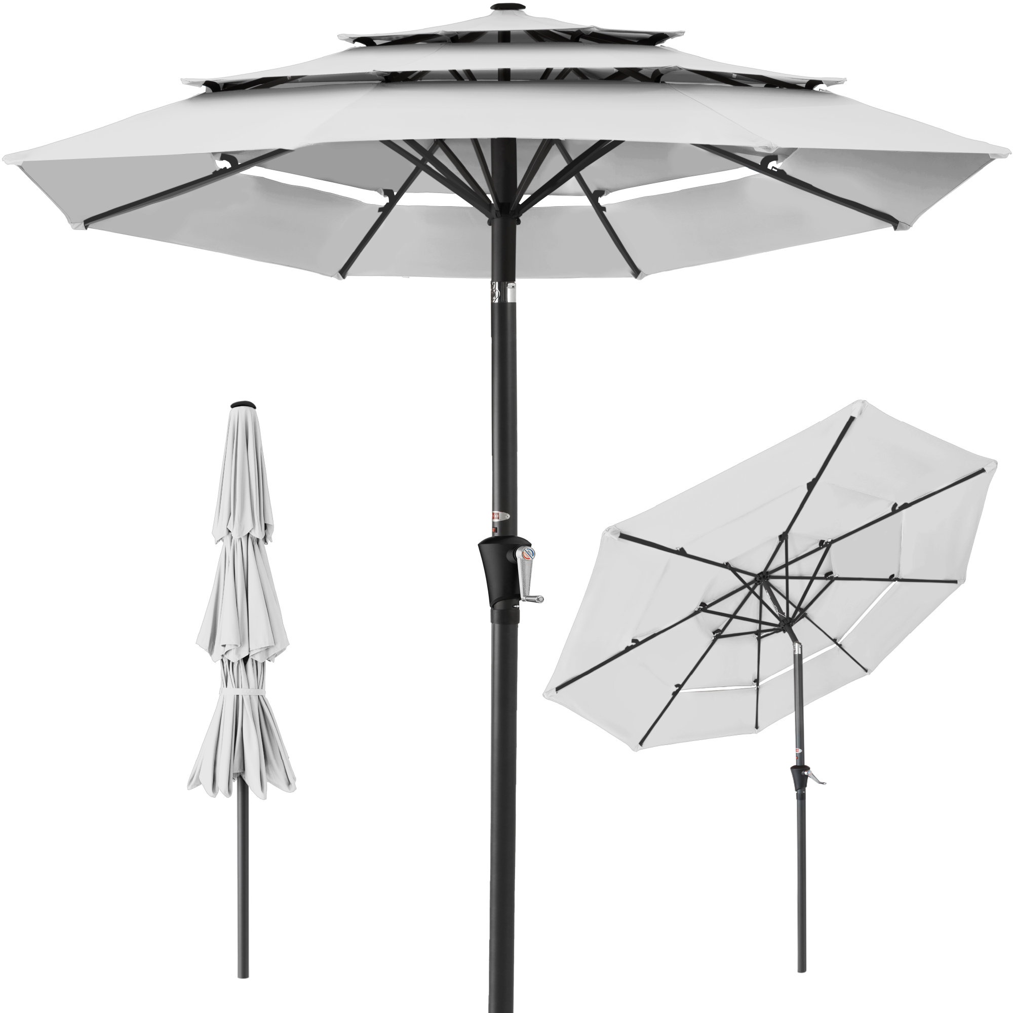 10ft 3-Tier Patio Umbrella, Market Sun Shade w/ Tilt Adjustment, Easy Crank - Fog Gray - Best Choice Products Online