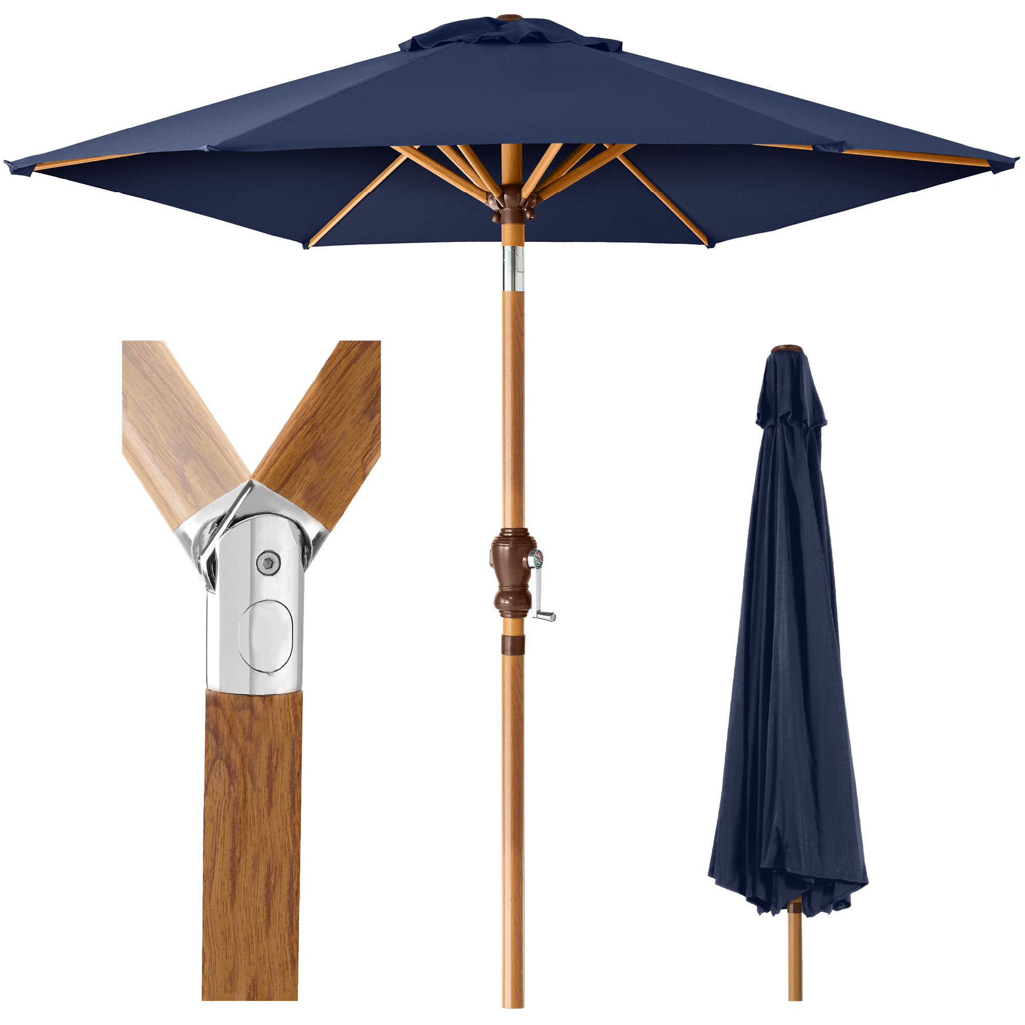 10ft Market Patio Umbrella w/ Crank, Tilt, Woodgrain Pattern Steel - Navy Blue - Best Choice Products Online