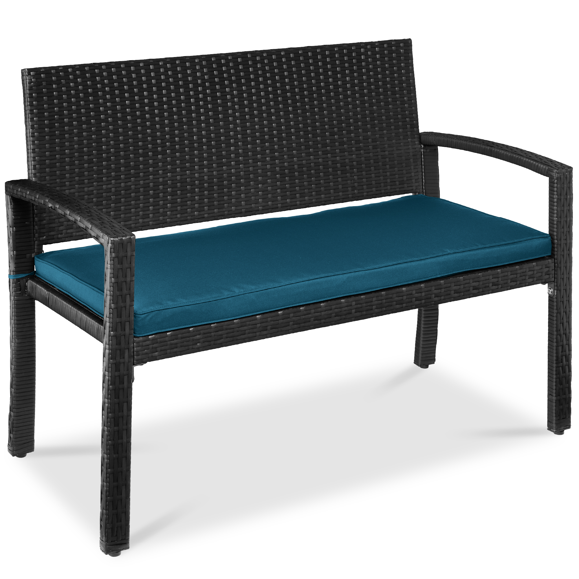 2-Person Wicker Bench, Outdoor Patio Garden Porch Furniture w/ 700lb Capacity, Cushion - Peacock Blue/Black - Best Choice Products Online