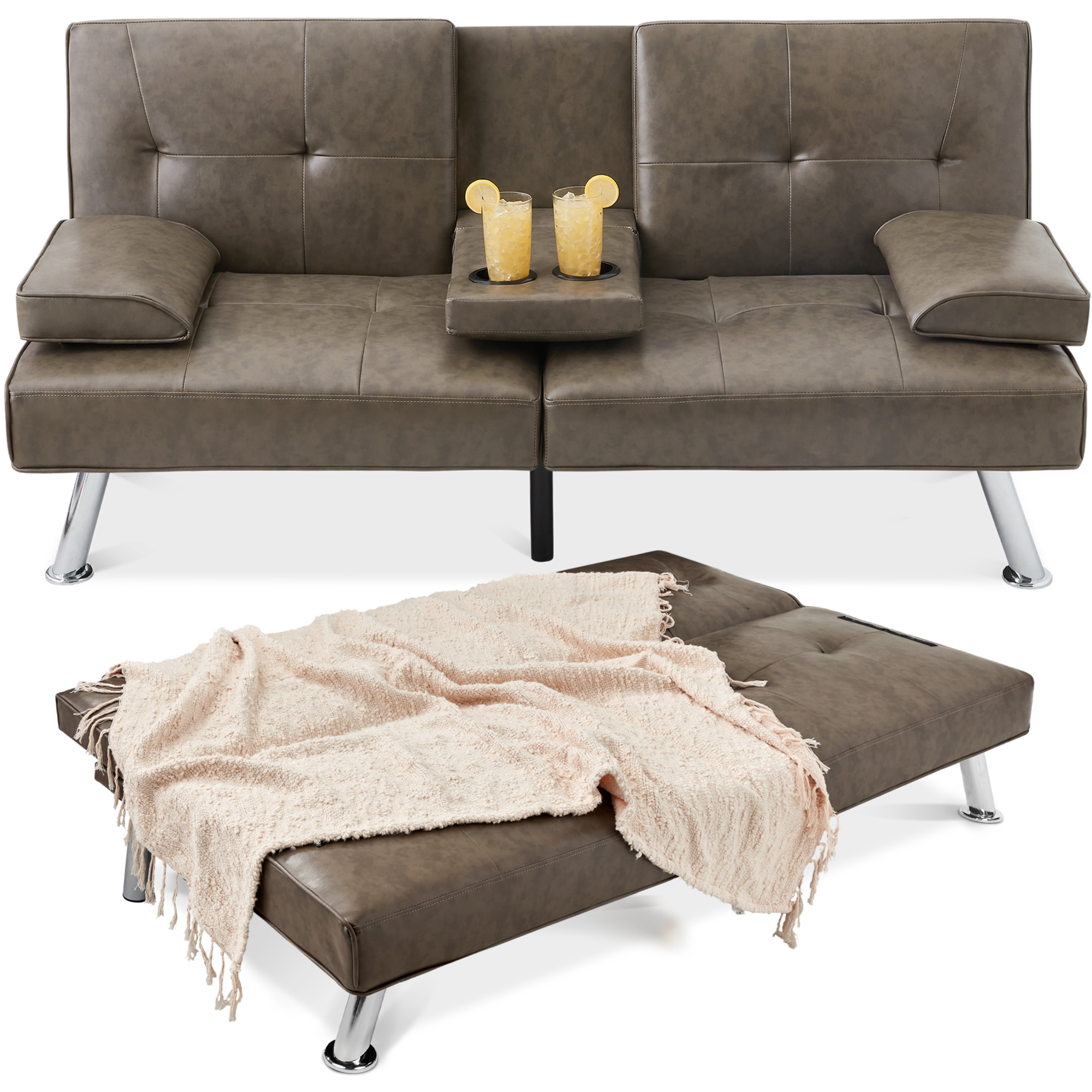Modern Faux Leather Convertible Futon Sofa w/ Removable Armrests, 2 Cupholders - Gray - Best Choice Products Online