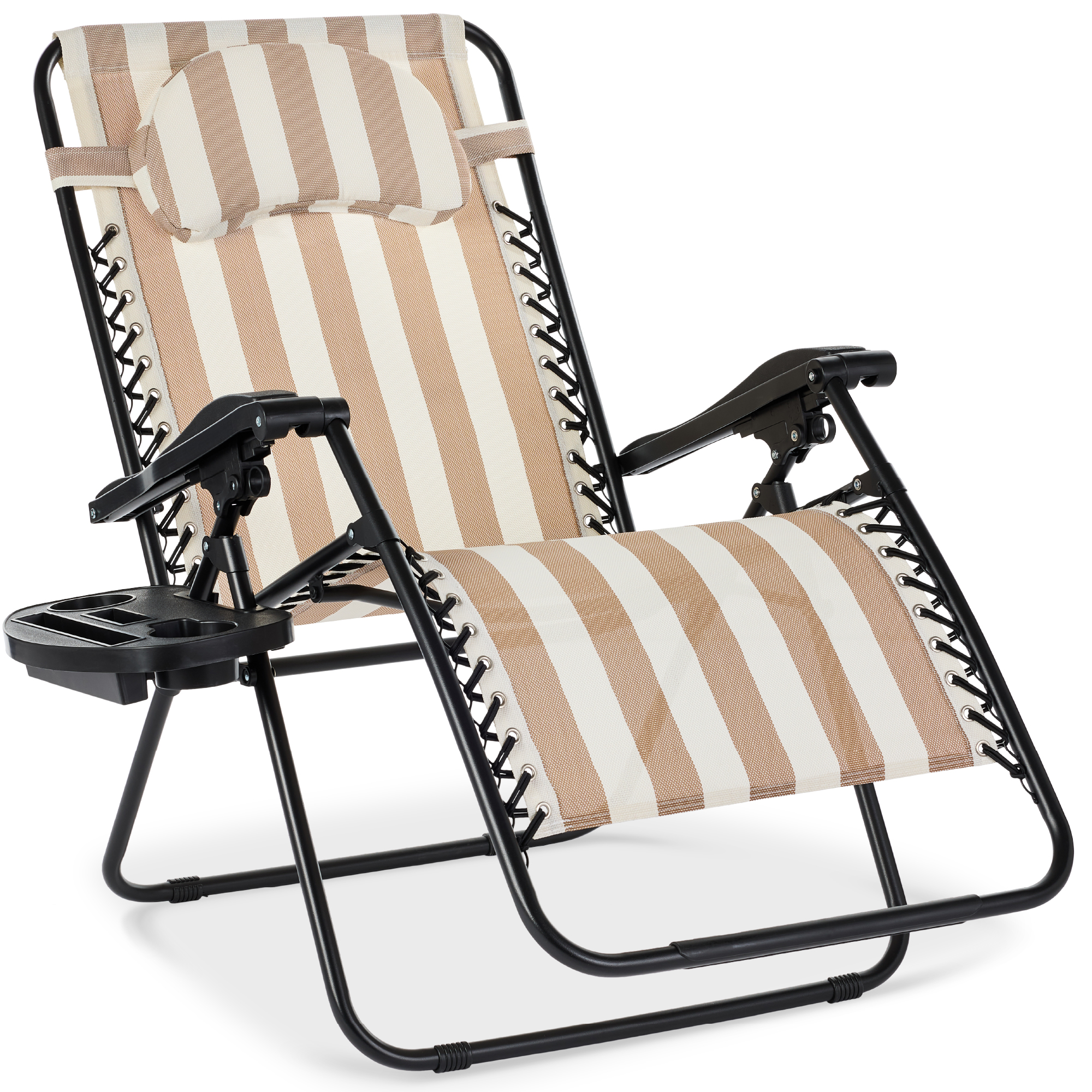 Oversized Zero Gravity Chair w/ Pillow, Cupholder, Folding Outdoor Lounge Recliner For Patio & Pool - Tan Striped - Best Choice Products Online