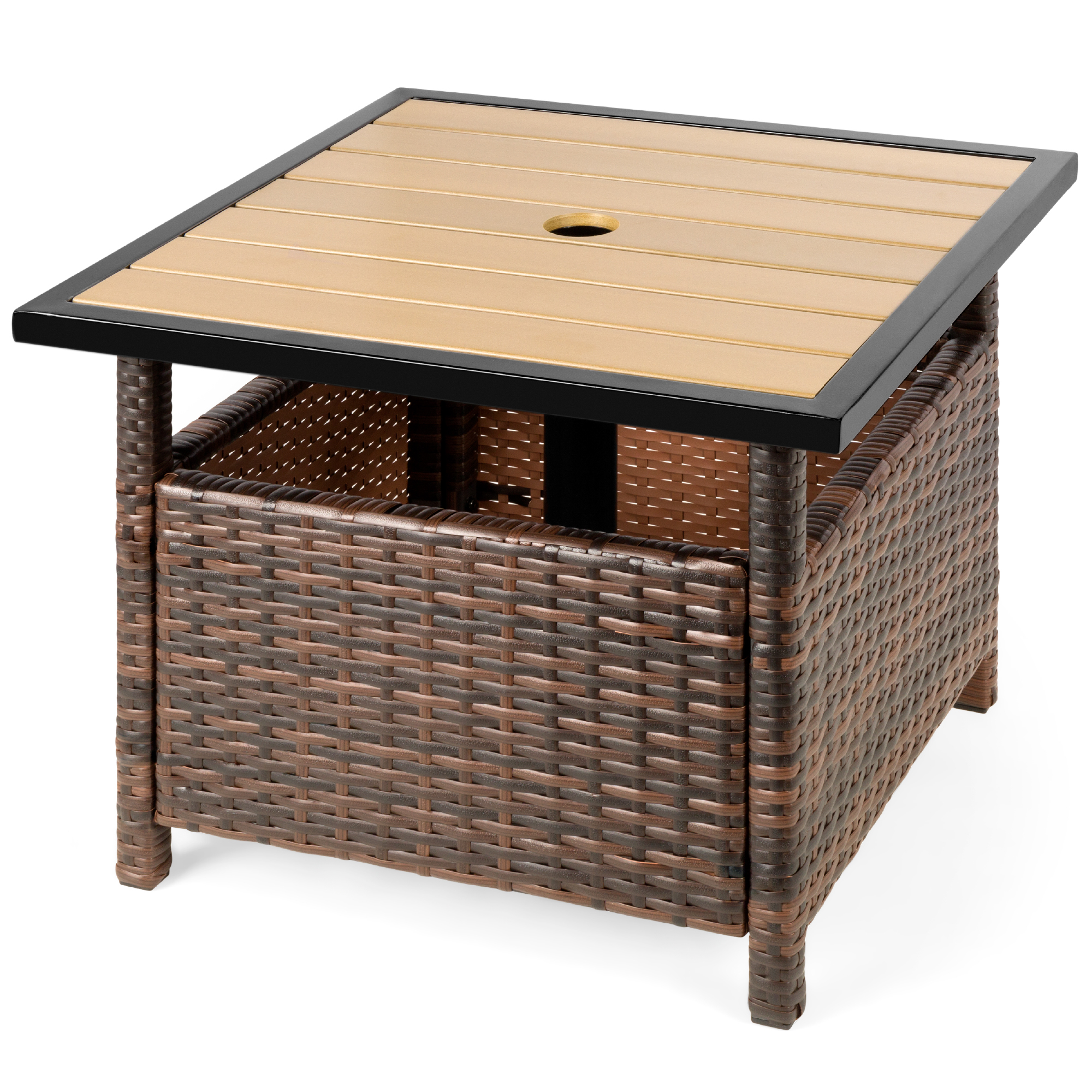 Wicker Rattan Side Table For Outdoor Patio, Garden, Pool, Deck w/ Umbrella Hole - Brown - Best Choice Products Online