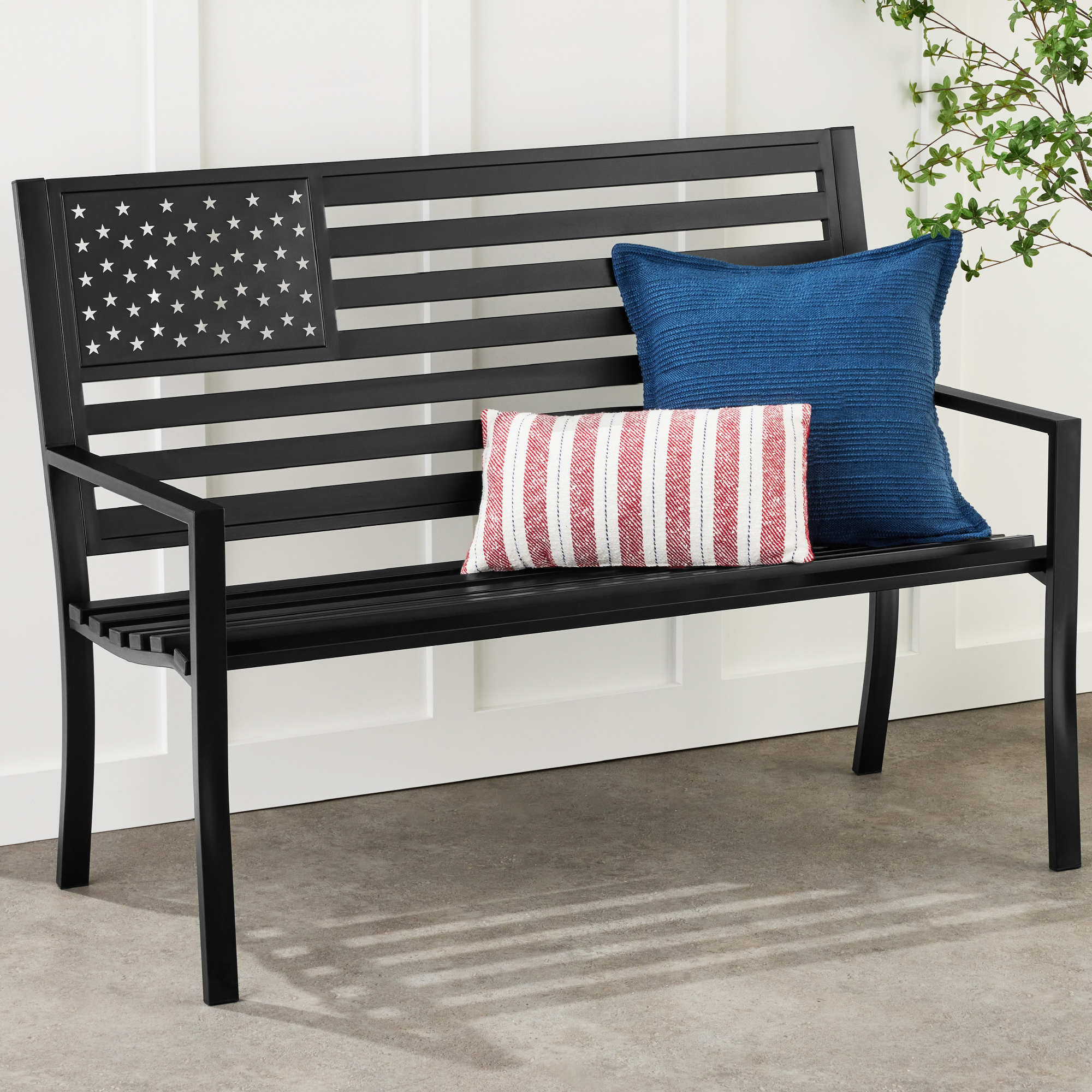 Indoor Outdoor Steel Garden Bench w/ American Flag Backrest, 790lb Capacity - Black - Best Choice Products Online