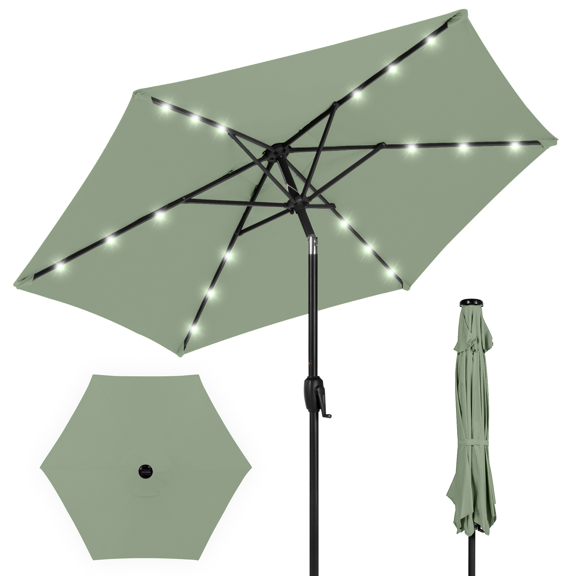 Best Choice Products 7.5ft Outdoor Solar Patio Umbrella for Deck, Pool w/ Tilt, Crank, LED Lights - Sage Green