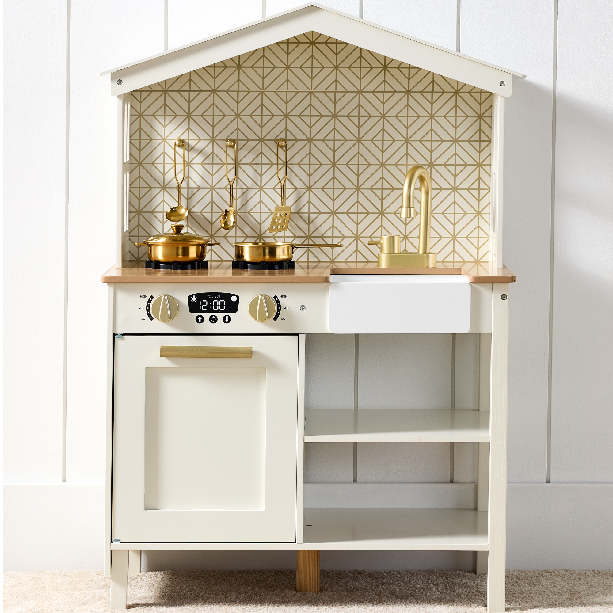 Farmhouse Wooden Play Kitchen Toy Set For Kids w/ Chalkboard, Storage Shelves, 5 Accessories - Cream - Best Choice Products Online