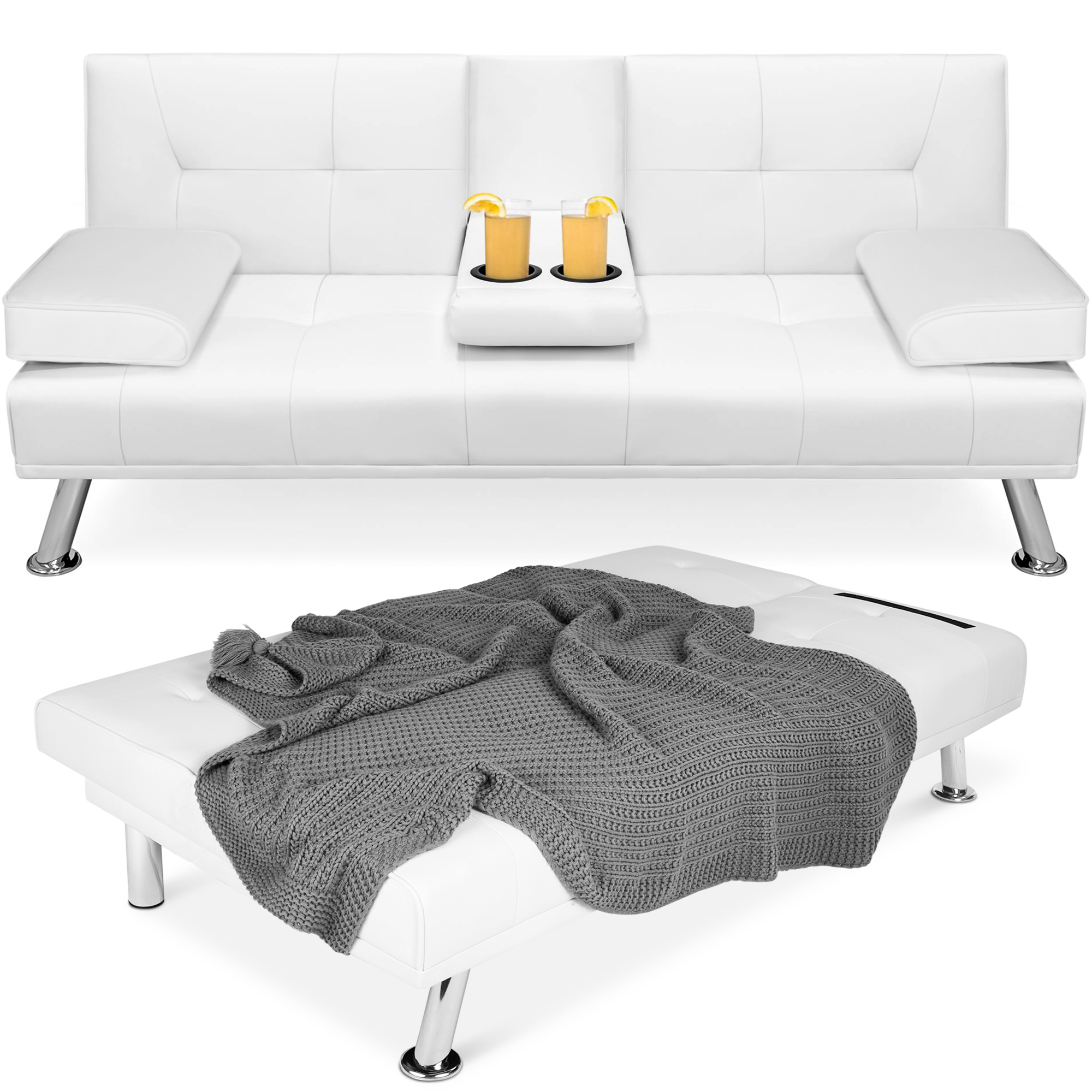 Modern Faux Leather Convertible Futon Sofa w/ Removable Armrests, 2 Cupholders - White - Best Choice Products Online