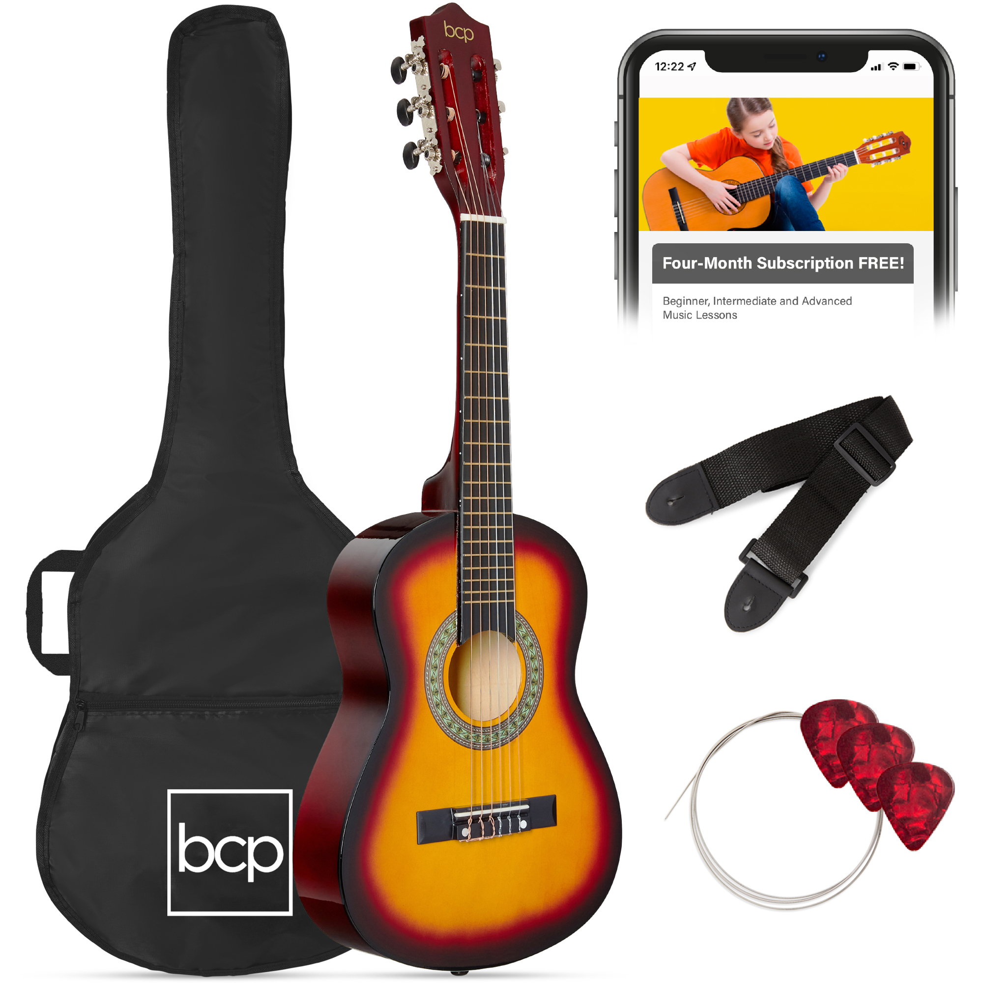 30in Kids Classical Acoustic Guitar Beginners Set w/ Carry Bag, Picks, E-Tuner, Strap - Sunburst - Best Choice Products Online