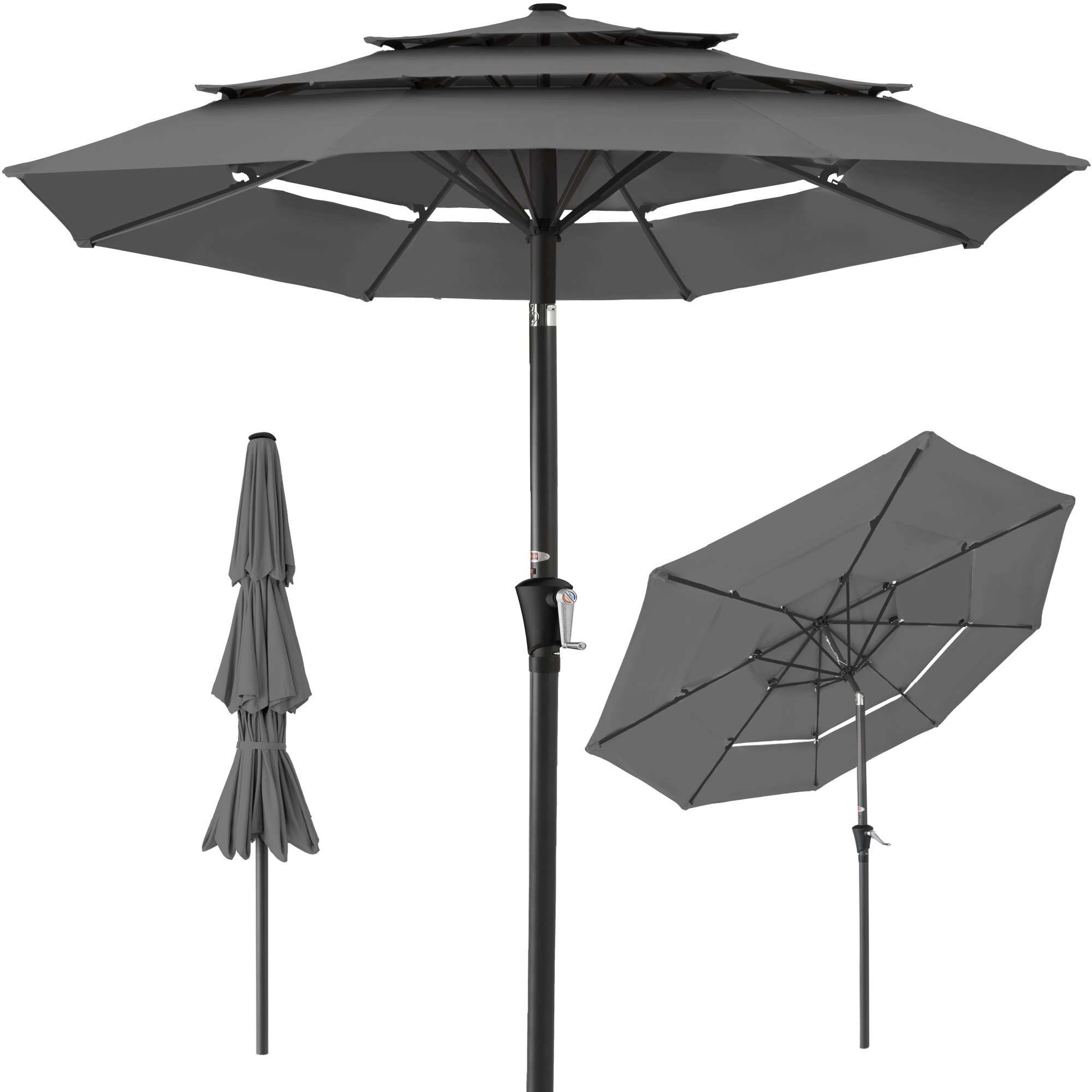 10ft 3-Tier Patio Umbrella, Market Sun Shade w/ Tilt Adjustment, Easy Crank - Gray - Best Choice Products Online