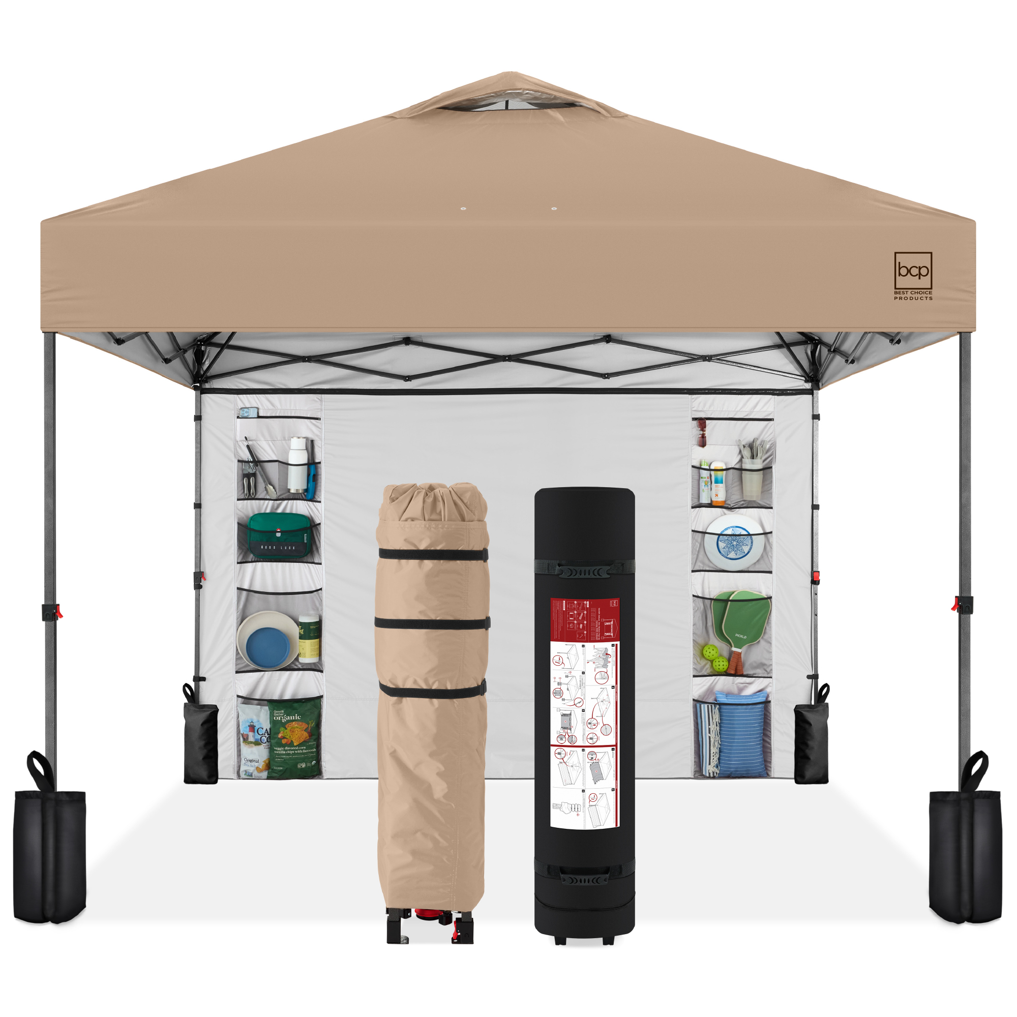 10x10ft Easy Setup Pop Up Canopy, Portable Tent w/ Side Wall, 1-Button Push, Case - Tan - Best Choice Products Online