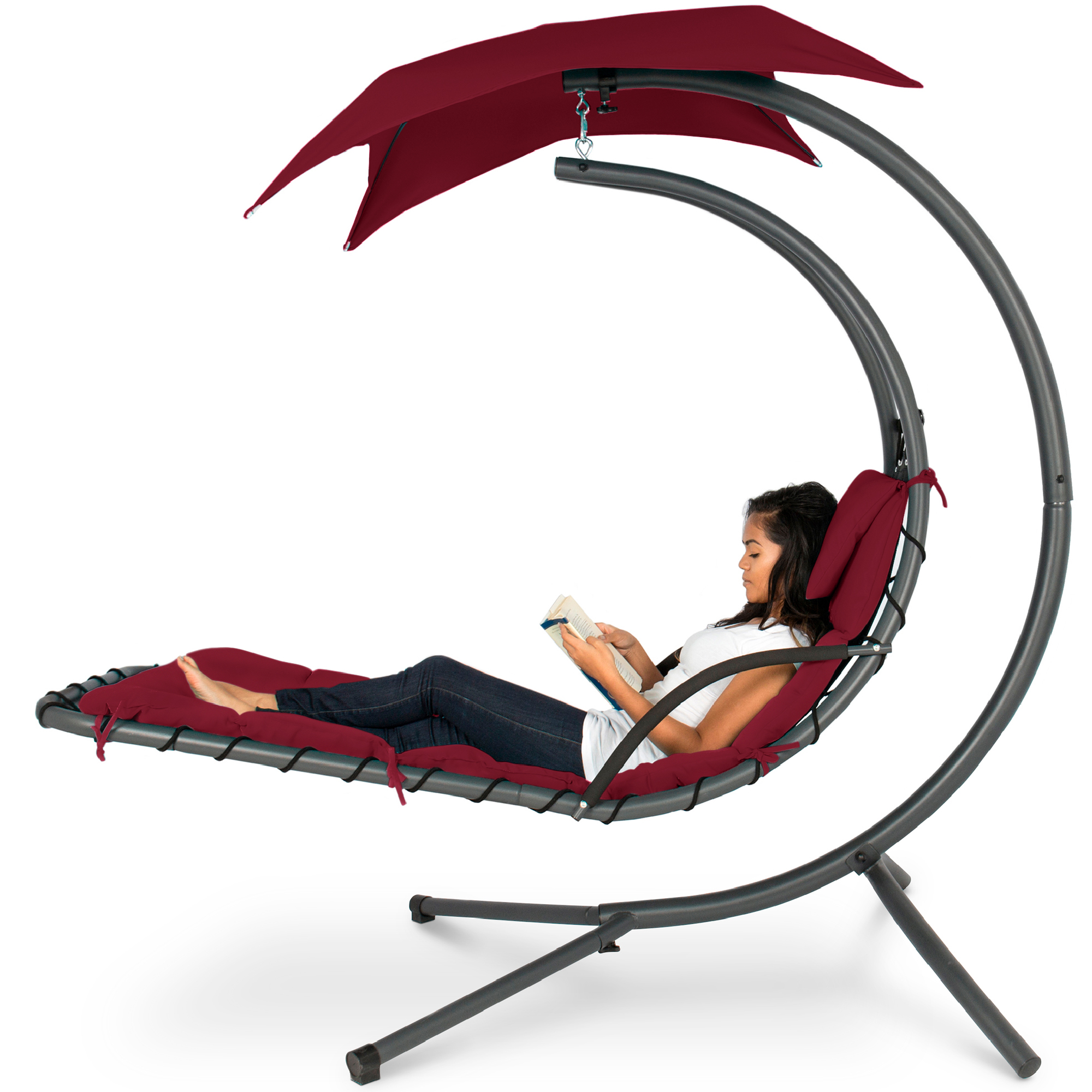 Hanging Curved Chaise Lounge Chair Swing For Backyard, Patio w/ Pillow, Canopy, Stand - Burgundy - Best Choice Products Online