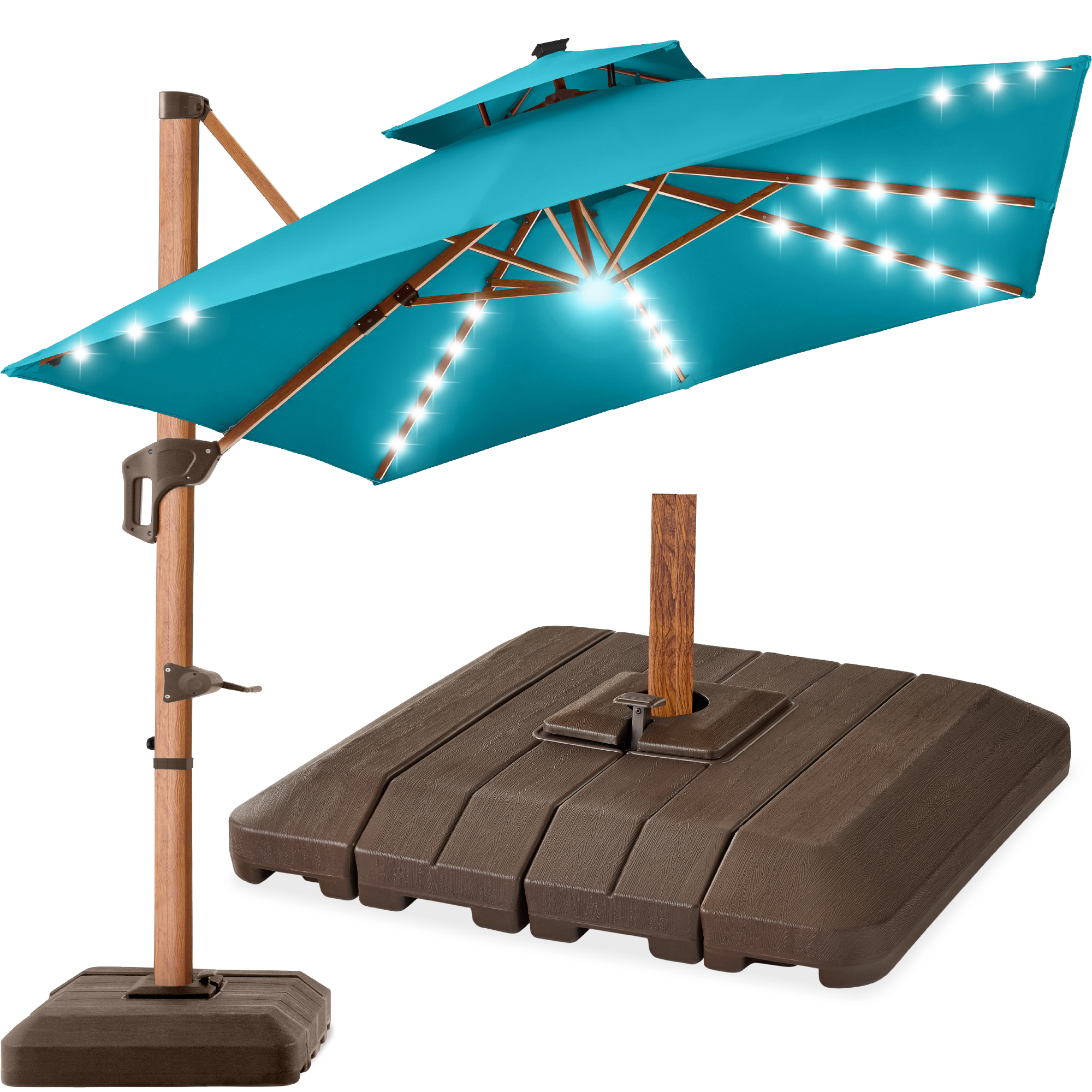 10ft Square Woodgrain Pattern 2-Tier Outdoor Solar LED Cantilever Umbrella w/ Base - Cerulean - Best Choice Products Online