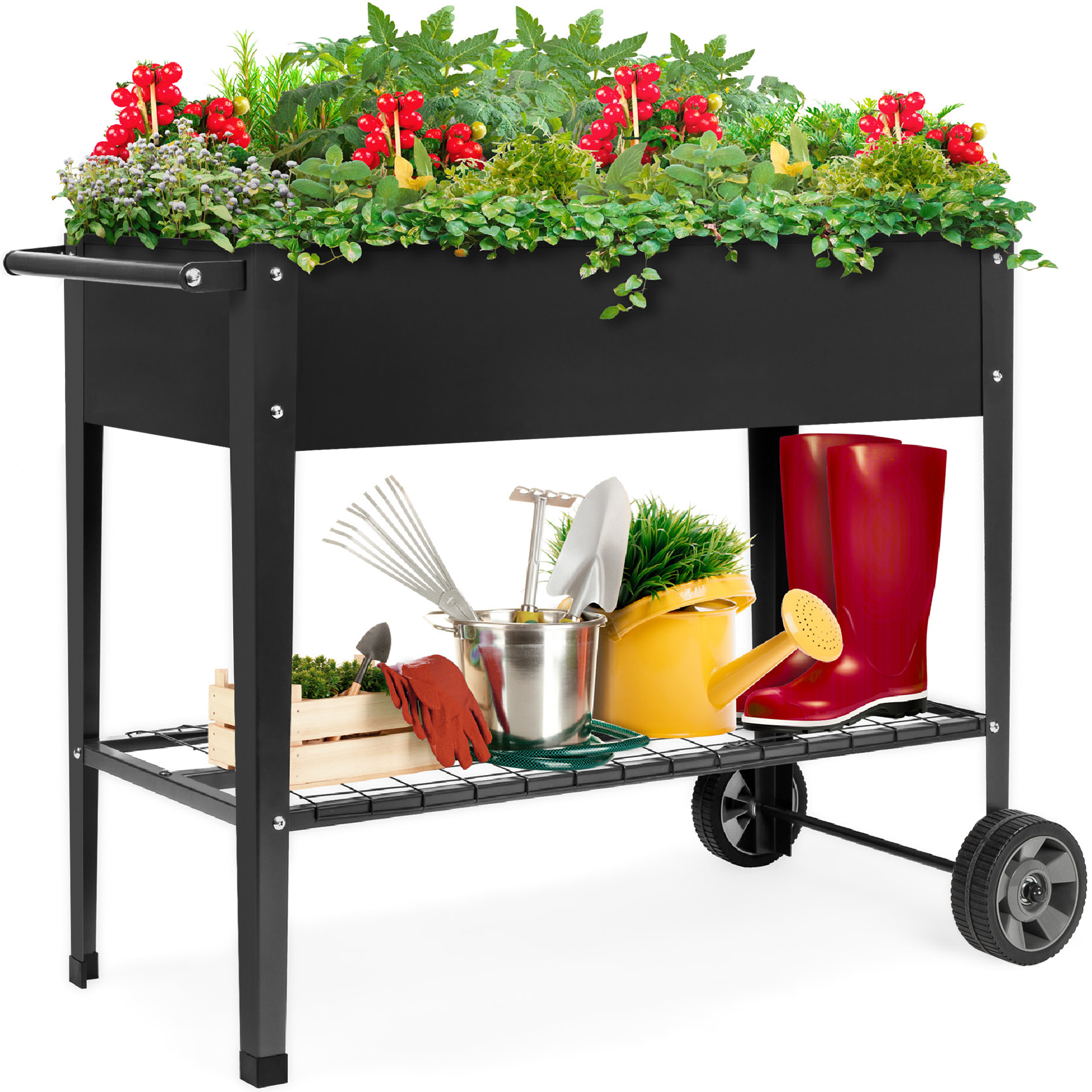 Mobile Raised Garden Bed 38inx16inx32in, Ergonomic Metal Planter Box w/ Wheels, Lower Shelf, Dark Gray | Best Choice Products Online