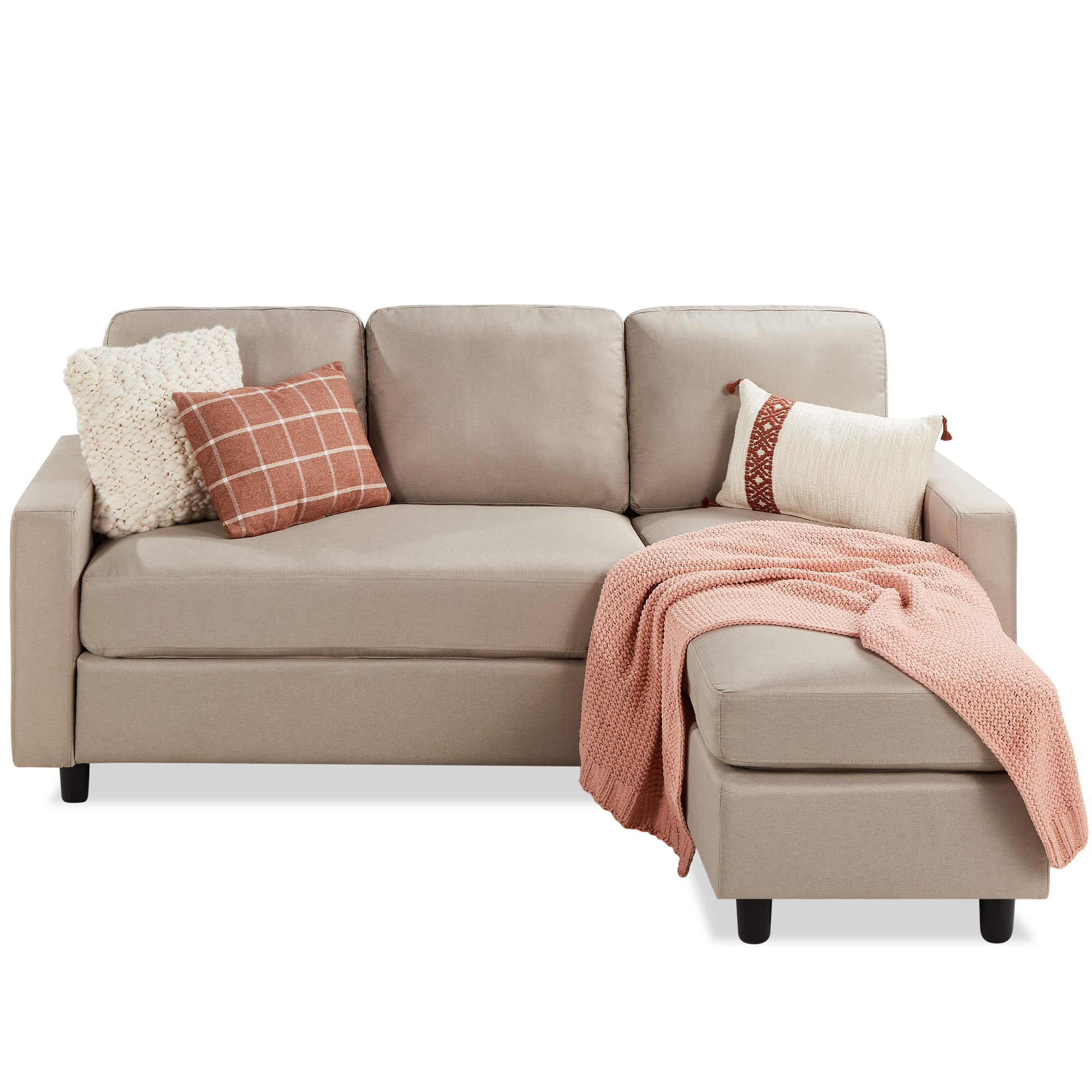 Upholstered Sectional Sofa Couch w/ Chaise Lounge, 3-Seat Design, Ottoman Bench - Beige - Best Choice Products Online