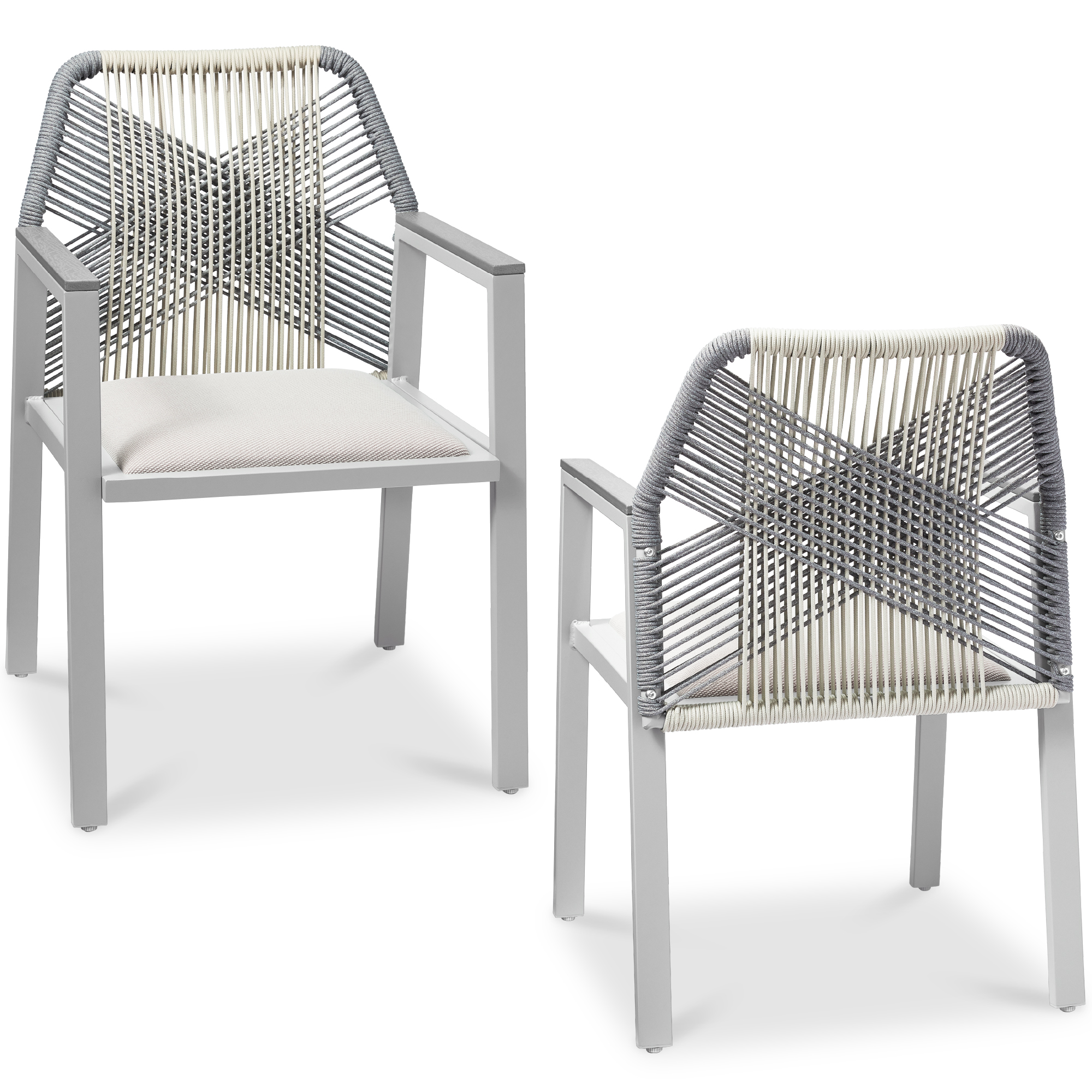 Set of 2 Indoor/Outdoor Aluminum Woven Rope Dining Chairs w/ Armrests - Gray/Meteor - Best Choice Products Online