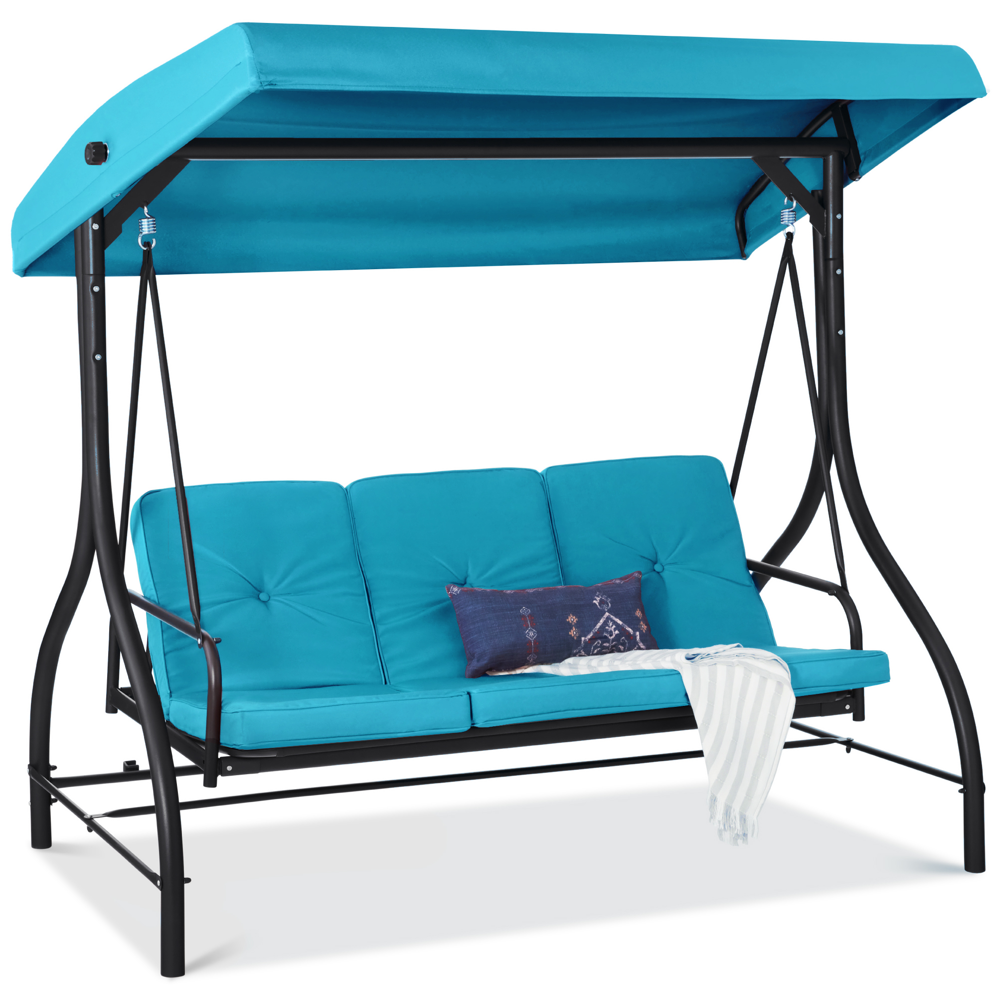 3-Seat Outdoor Canopy Swing Glider Patio Hammock w/ Converting Flatbed Backrest, Removable Cushions - Sky Blue - Best Choice Products Online