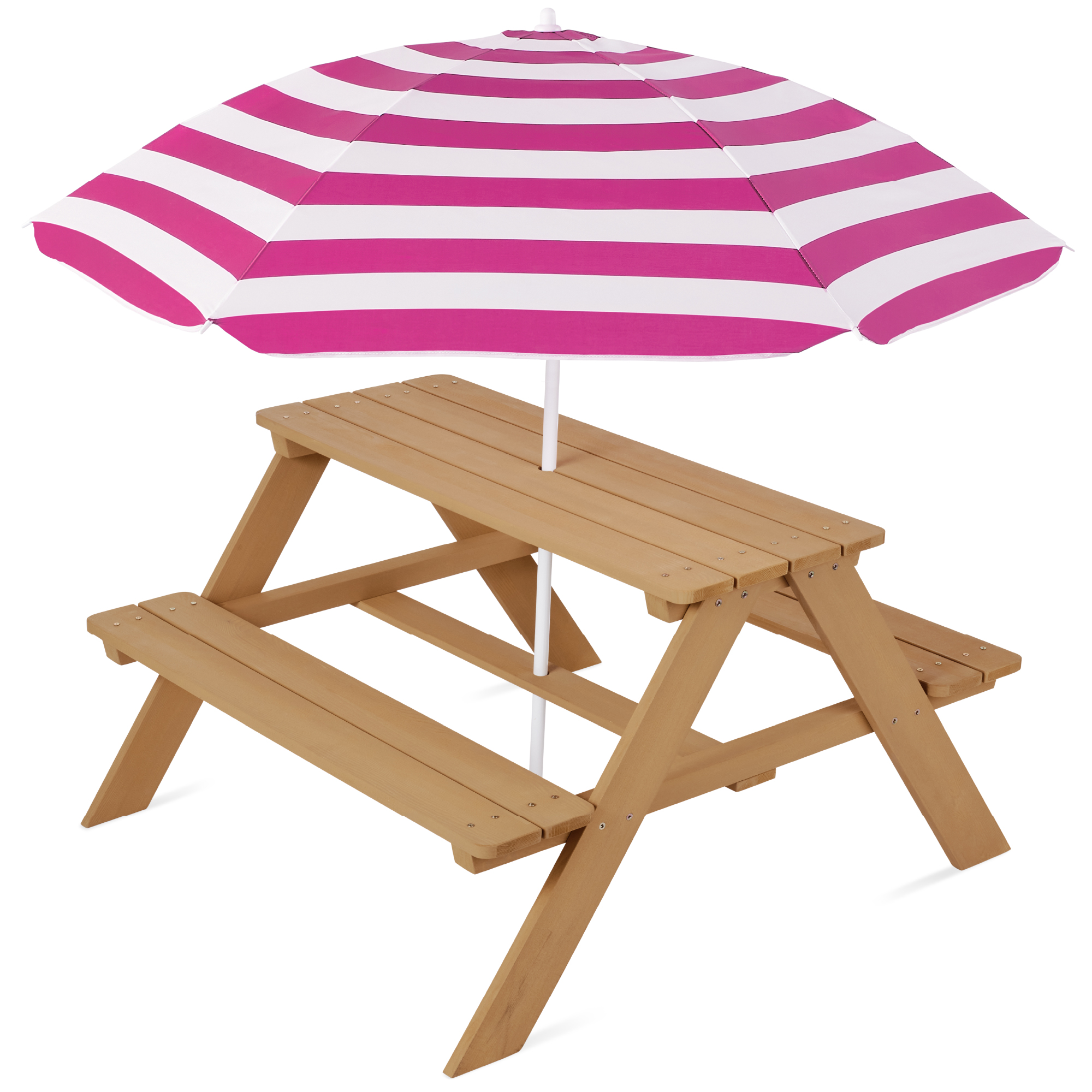 Kids Wooden Picnic Table, Outdoor Activity Table & Bench w/ Adjustable Umbrella - Natural/Dark Pink - Best Choice Products Online