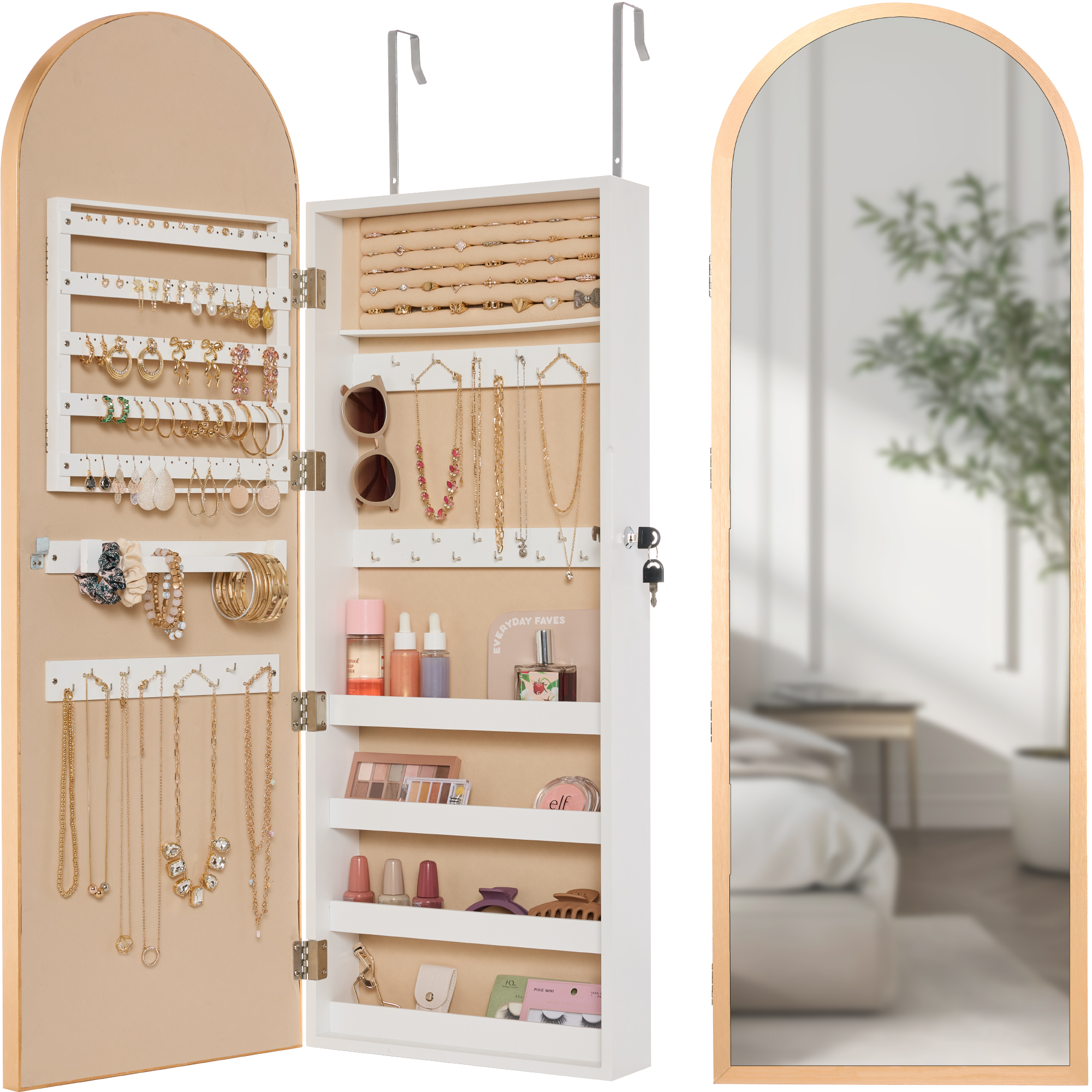 Door/Wall Mounted Arch Mirror Jewelry Armoire, w/ Metal Frame, Lockable Door - Gold - Best Choice Products Online