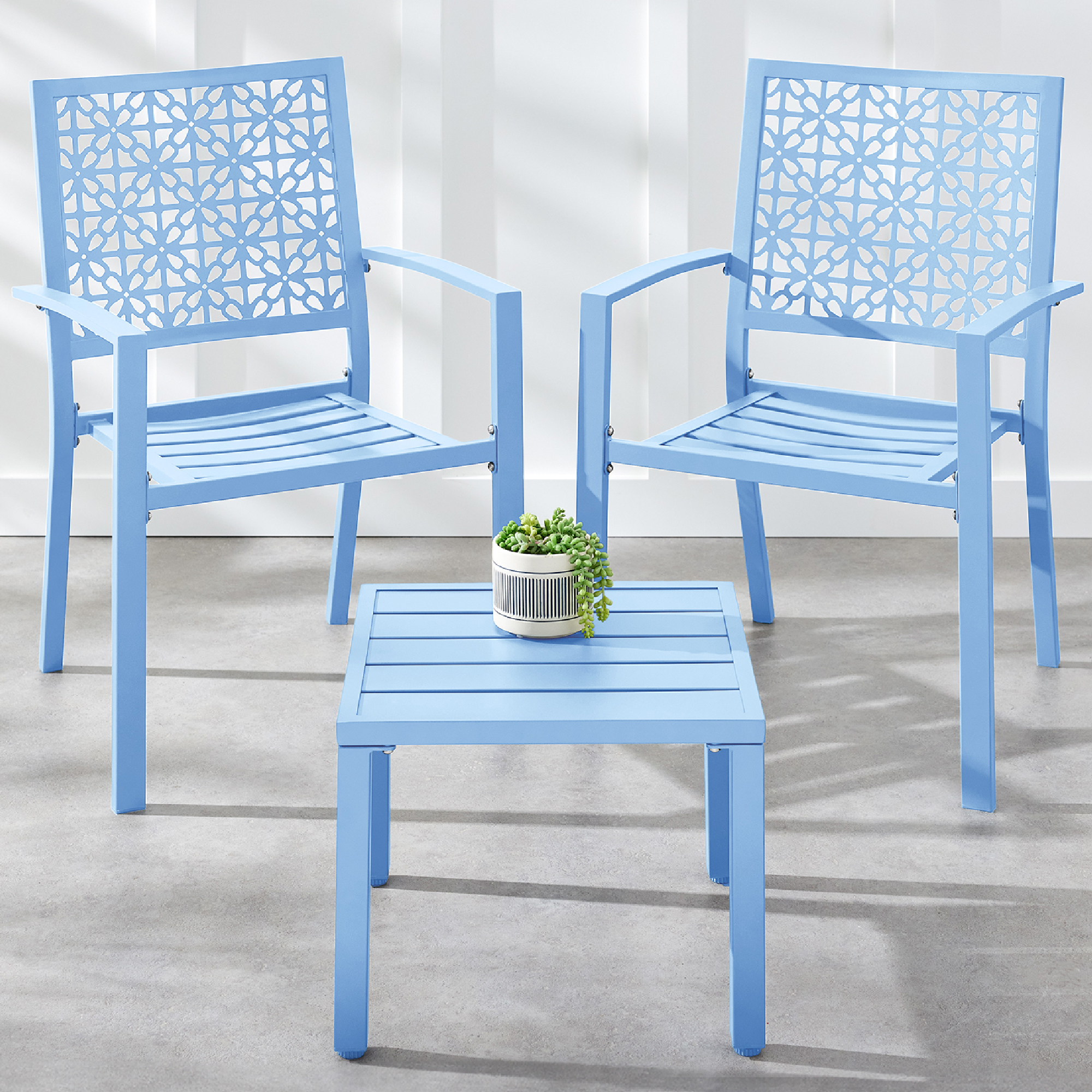 3-Piece Stackable Steel Outdoor Conversation Bistro Set, Patio Chat Furniture w/ 2 Chairs, Table - Sky Blue - Best Choice Products Online