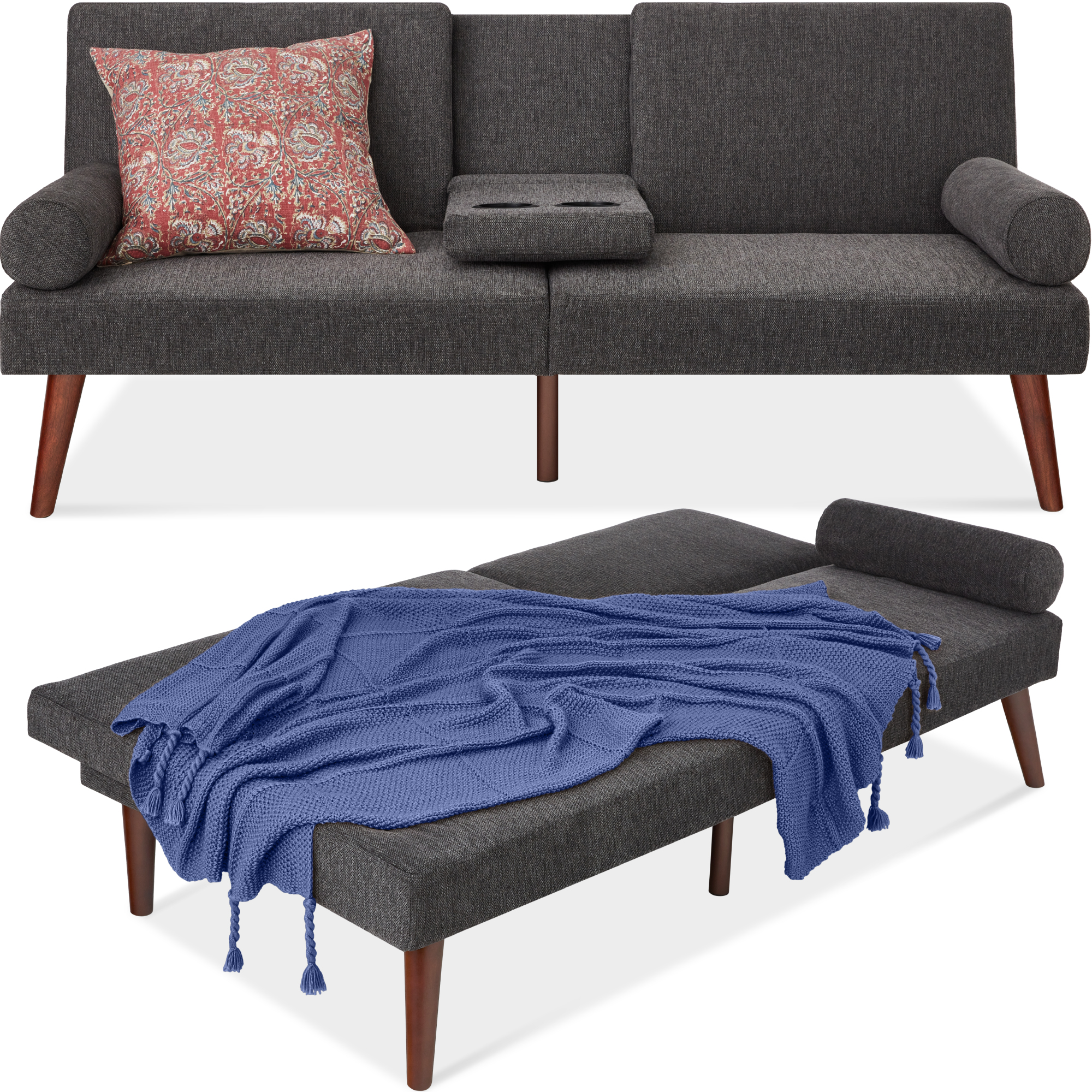 Fabric Upholstered Convertible Futon w/ Rounded Armrests, Wooden Legs, 2 Cupholders - Charcoal - Best Choice Products Online