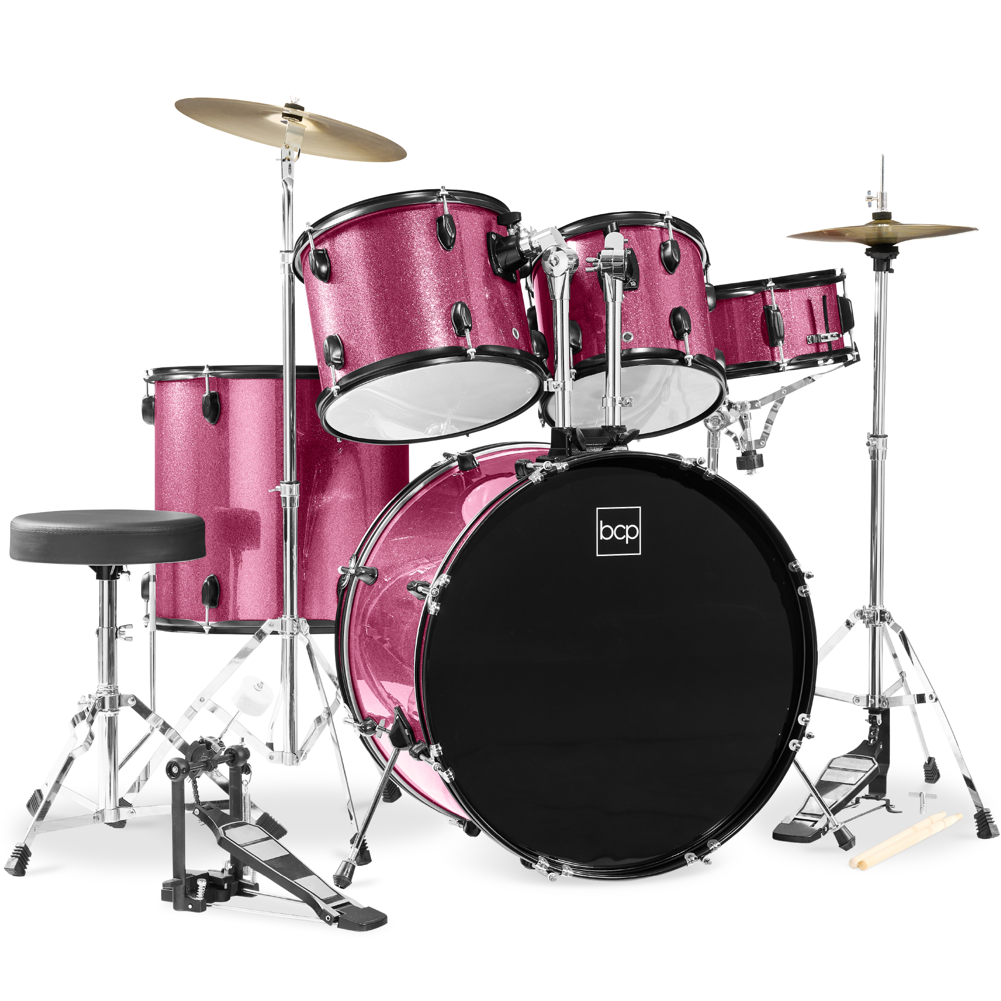 Best Choice Products 5-Piece Beginner Drum Set w/ Snare, Bass, Toms, Cymbal, Hi-Hat, Sticks Drum Pedal - Pink Sparkle