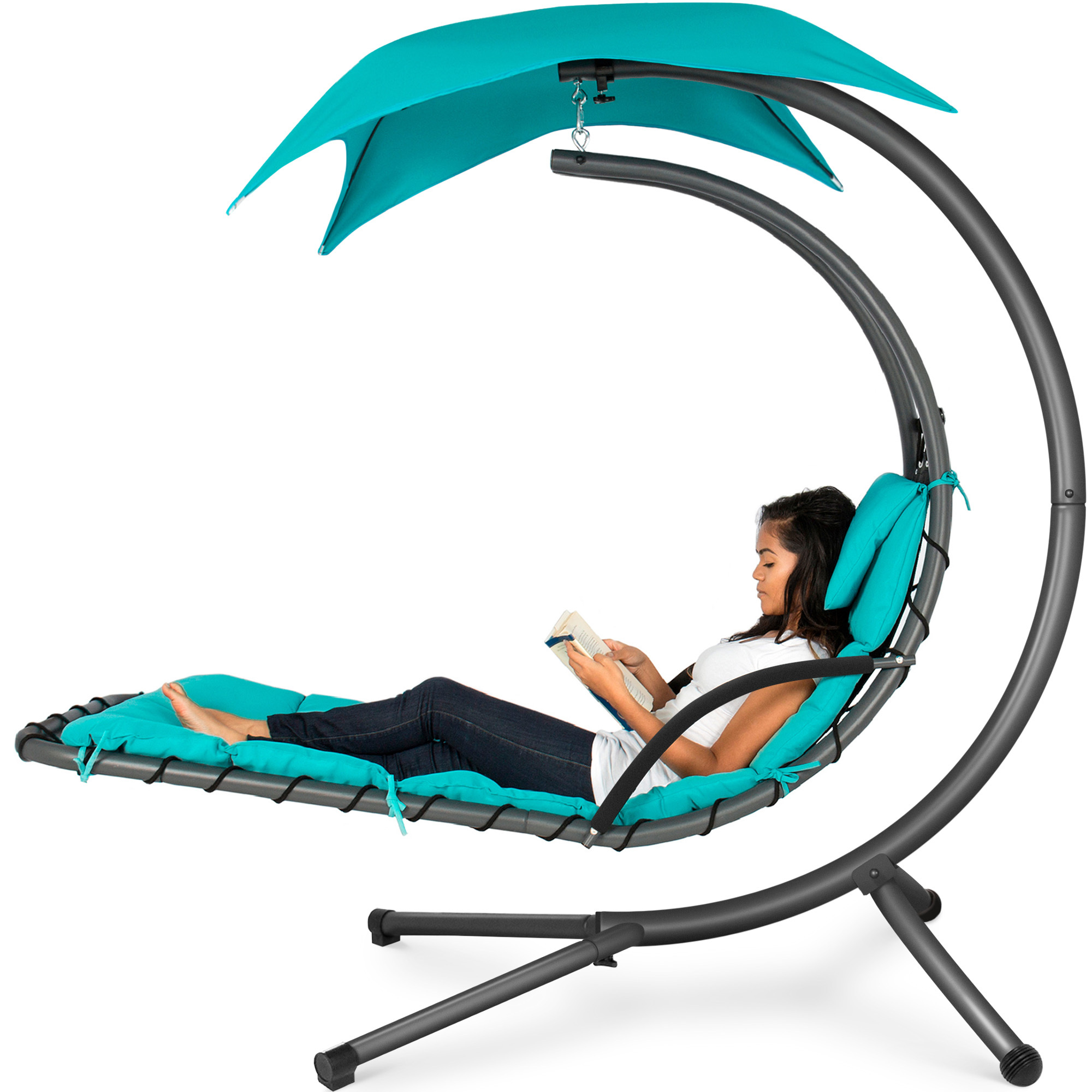 Hanging Curved Chaise Lounge Chair Swing For Backyard, Patio w/ Pillow, Canopy, Stand - Teal - Best Choice Products Online