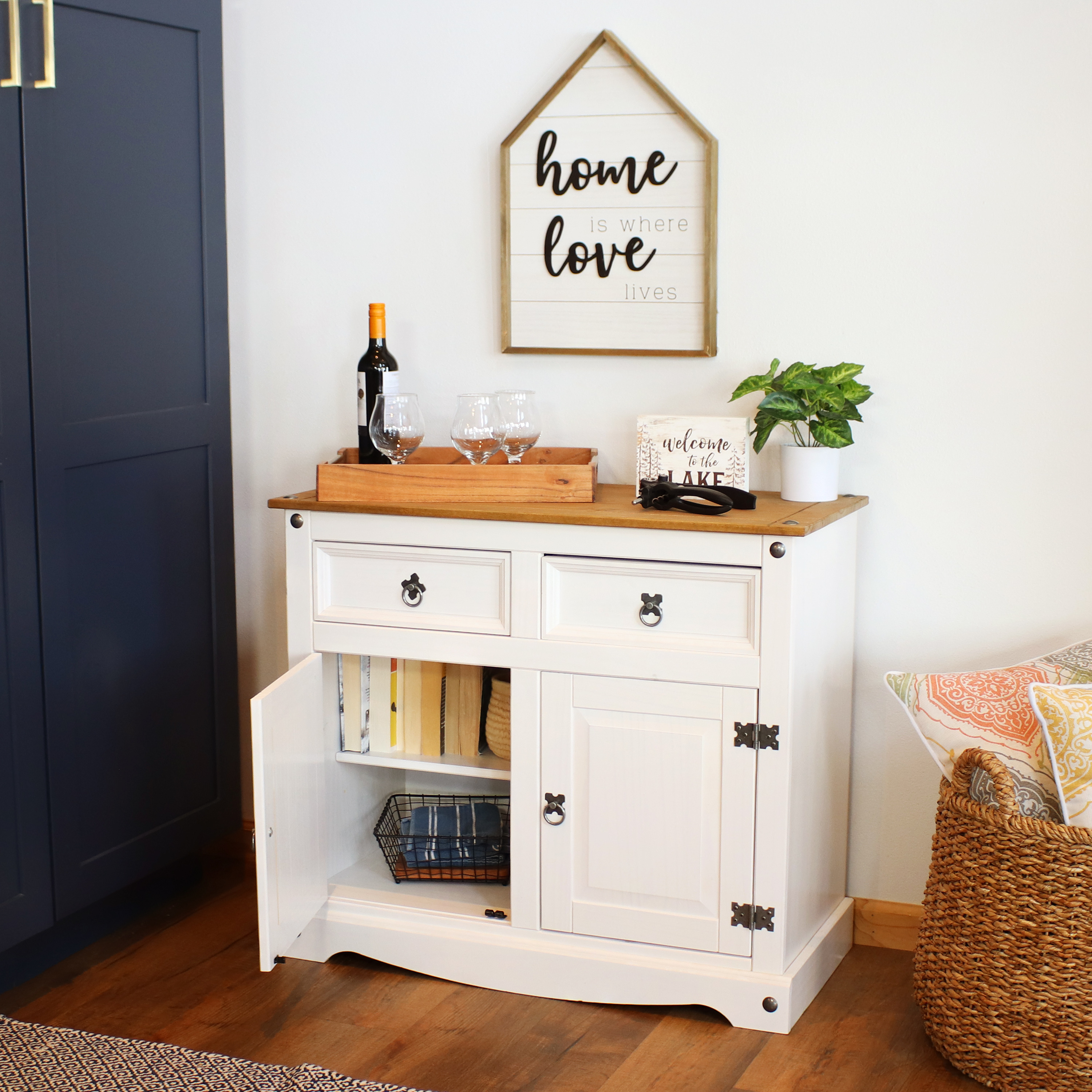 Solid Pine Sideboard with 2 Drawers and 2 Doors - White