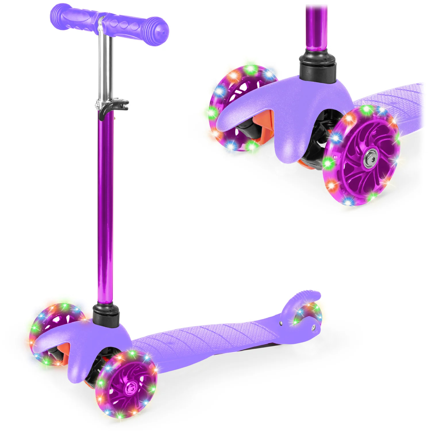Mini Kick Scooter Toy For Kids w/ Light-Up Wheels & Height Adjustable T-Bar - Purple - Best Choice Products Online