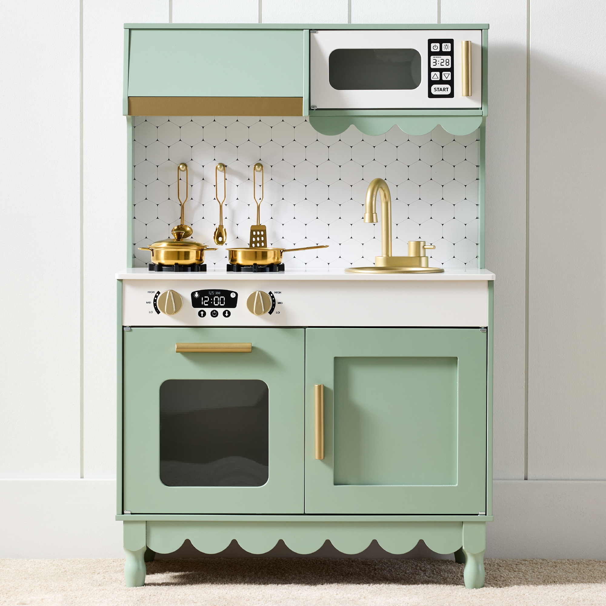 Cottage Wooden Play Kitchen Toy Set for Kids w/ 5 Accessories, Oven - Sage - Best Choice Products Online