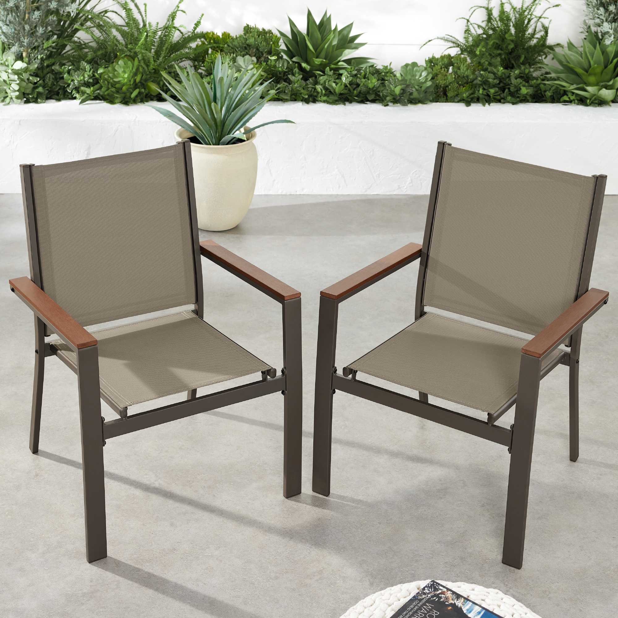 Set of 2 Stackable Textilene Chairs w/ Armrests, Dining Accent Furniture - Brown/Brown - Best Choice Products Online